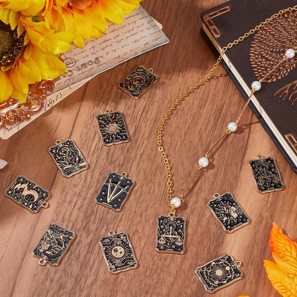 SUNNYCLUE Pack of 20 10 Styles Tarot Charms Bulk Fortune Telling Charms Halloween Gothic Magic Tarot Card Enamel Black Gold Amulet Lucky Charm for Jewellery Making Pendant DIY Earrings Bracelets