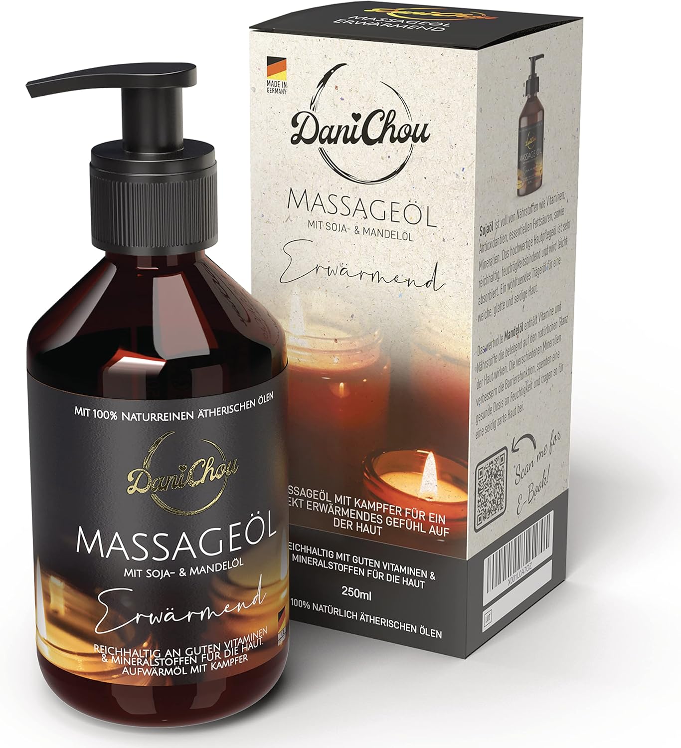 DaniChou Massage Oil Warming 250 ml - With Soy Oil & Almond Oil - Direct Warming, Relaxing Feeling - 100% Natural Cosmetics & Essential Oils - Massage Oil with Camphor - For Intense Relaxation