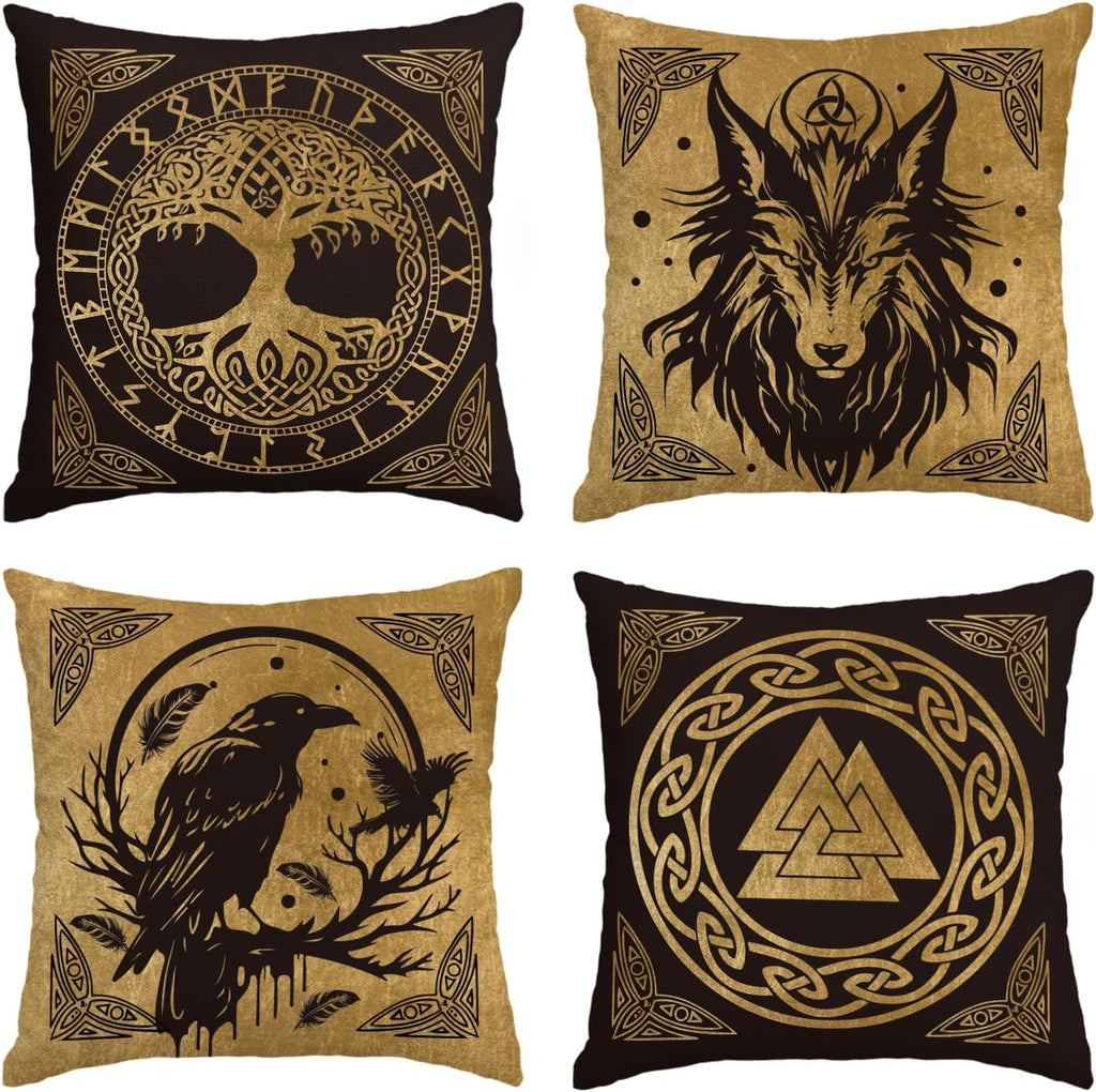 Artoid Mode Gold Wikinger Futhark Runen Odin Baum des Lebens Kissenbezüge 4er Set, 40x40cm Wolf Rabe Cushion Cover Couch Wohnzimmer Deko