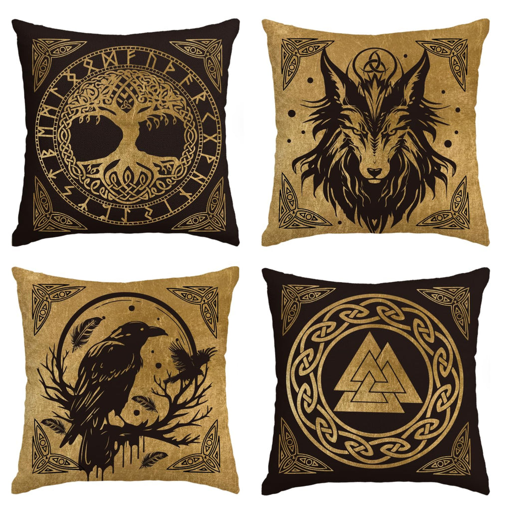 Artoid Mode Gold Wikinger Futhark Runen Odin Baum des Lebens Kissenbezüge 4er Set, 40x40cm Wolf Rabe Cushion Cover Couch Wohnzimmer Deko