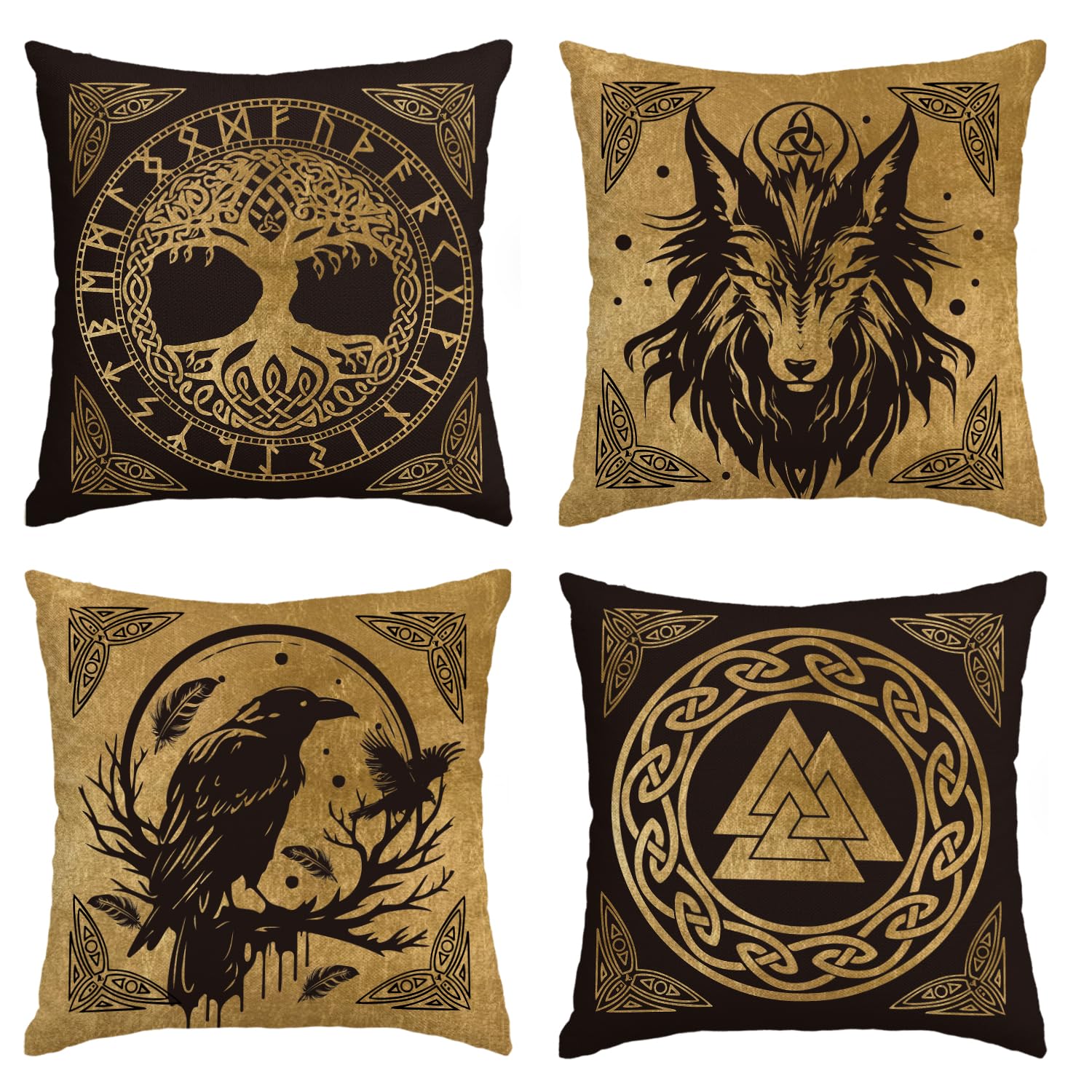 Artoid Mode Gold Wikinger Futhark Runen Odin Baum des Lebens Kissenbezüge 4er Set, 40x40cm Wolf Rabe Cushion Cover Couch Wohnzimmer Deko