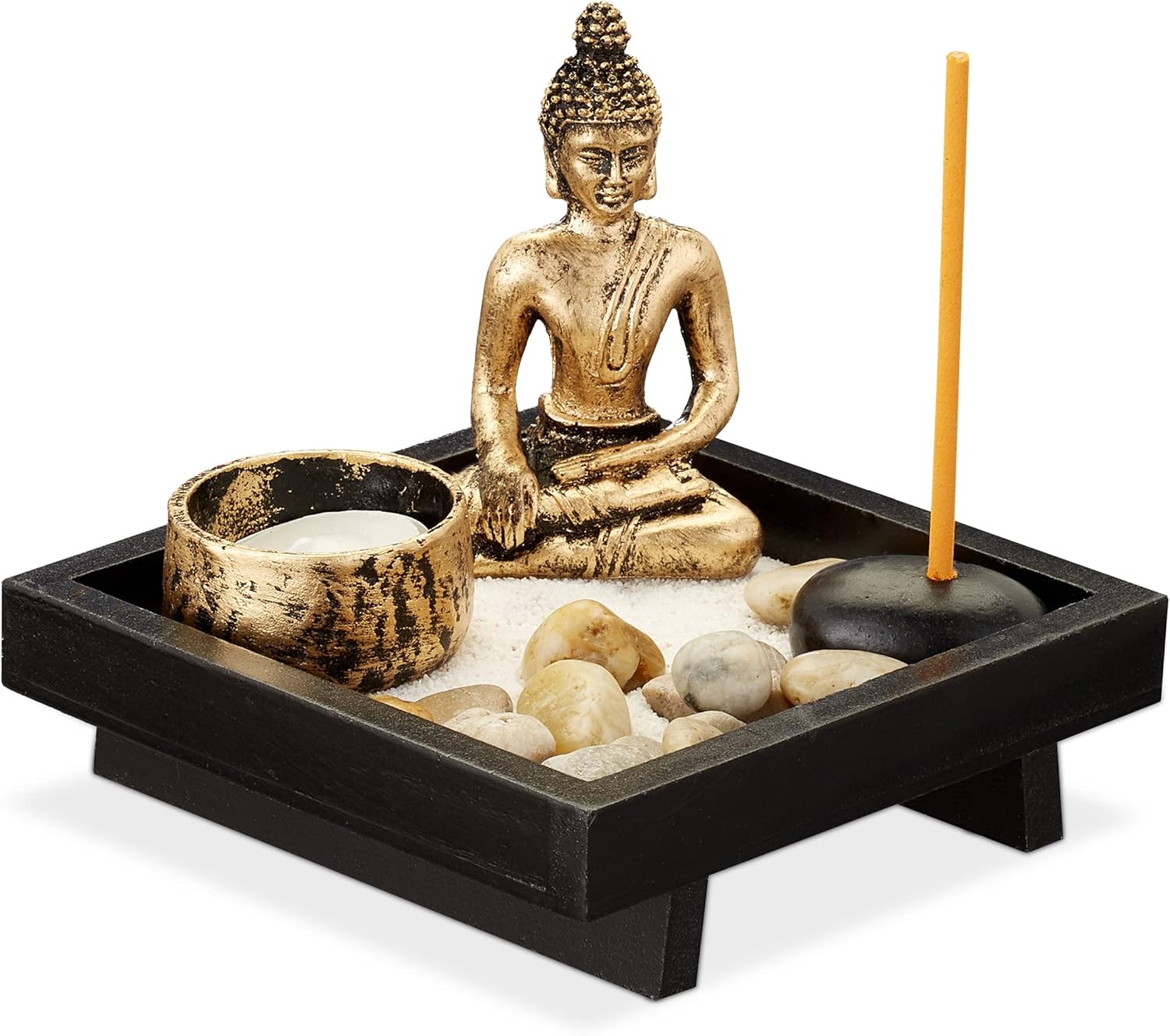 Relaxdays Zen Garten, mit Buddha, Steinen, Sand, Räucherstäbchen & Teelichthalter, Entspannung, Feng Shui Deko, schwarz