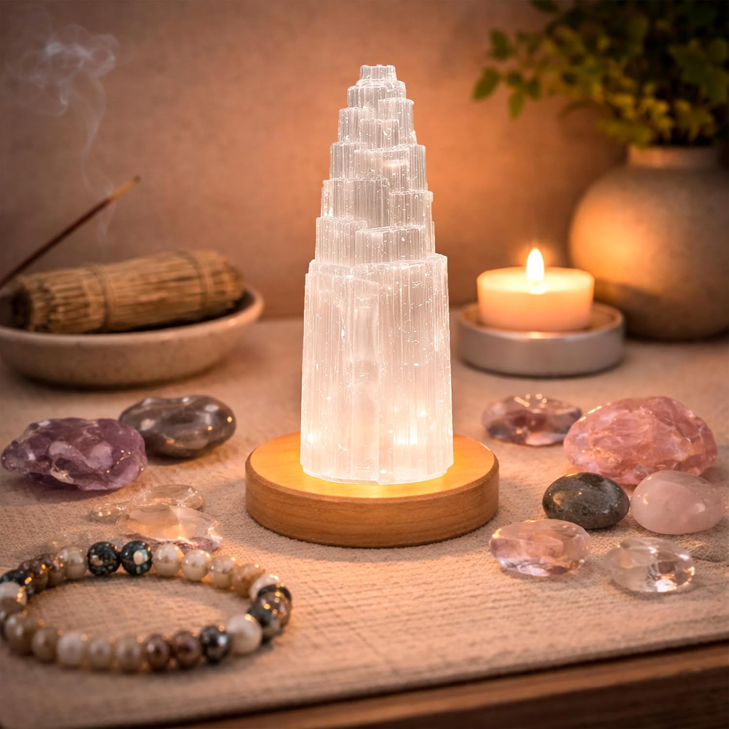 NKlaus Selenite Energy Tower 20cm - Handmade Healing Stone Pillar for Meditation, Reiki & Protection, Ideal for Room Harmonization & Spiritual Cleansing