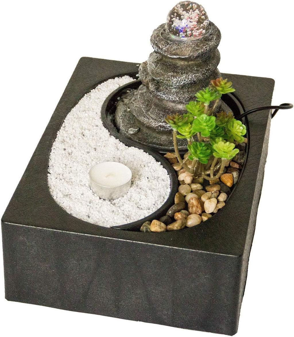 Zimmerbrunnen mit LED-Beleuchtung | Tischbrunnen mit Wasserfall und beweglicher Glaskugel | dekorativer Zierbrunnen mit Feng Shui Elementen | Springbrunnen mit Yin Yang Felsengarten für Zuhause