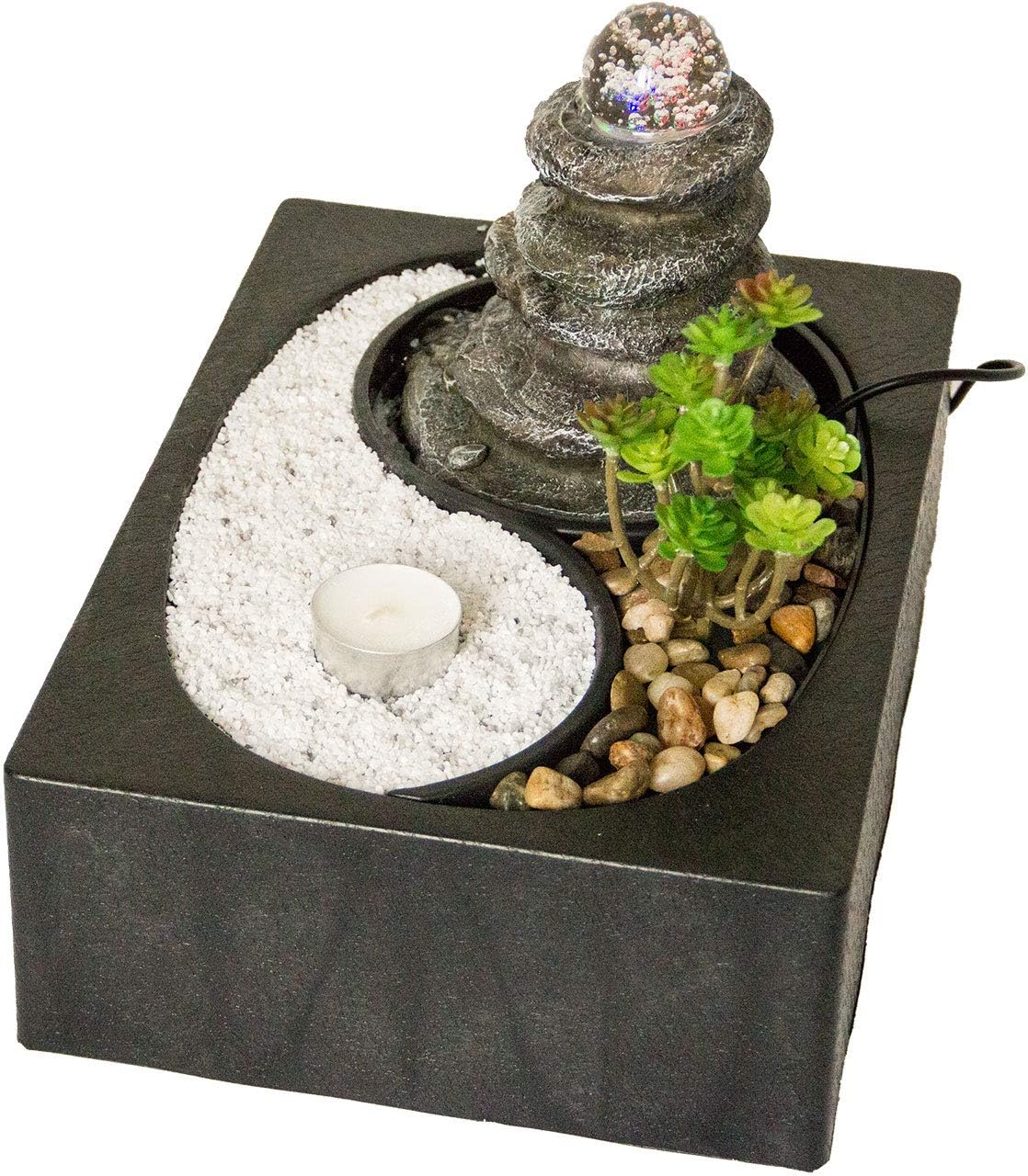 Zimmerbrunnen mit LED-Beleuchtung | Tischbrunnen mit Wasserfall und beweglicher Glaskugel | dekorativer Zierbrunnen mit Feng Shui Elementen | Springbrunnen mit Yin Yang Felsengarten für Zuhause