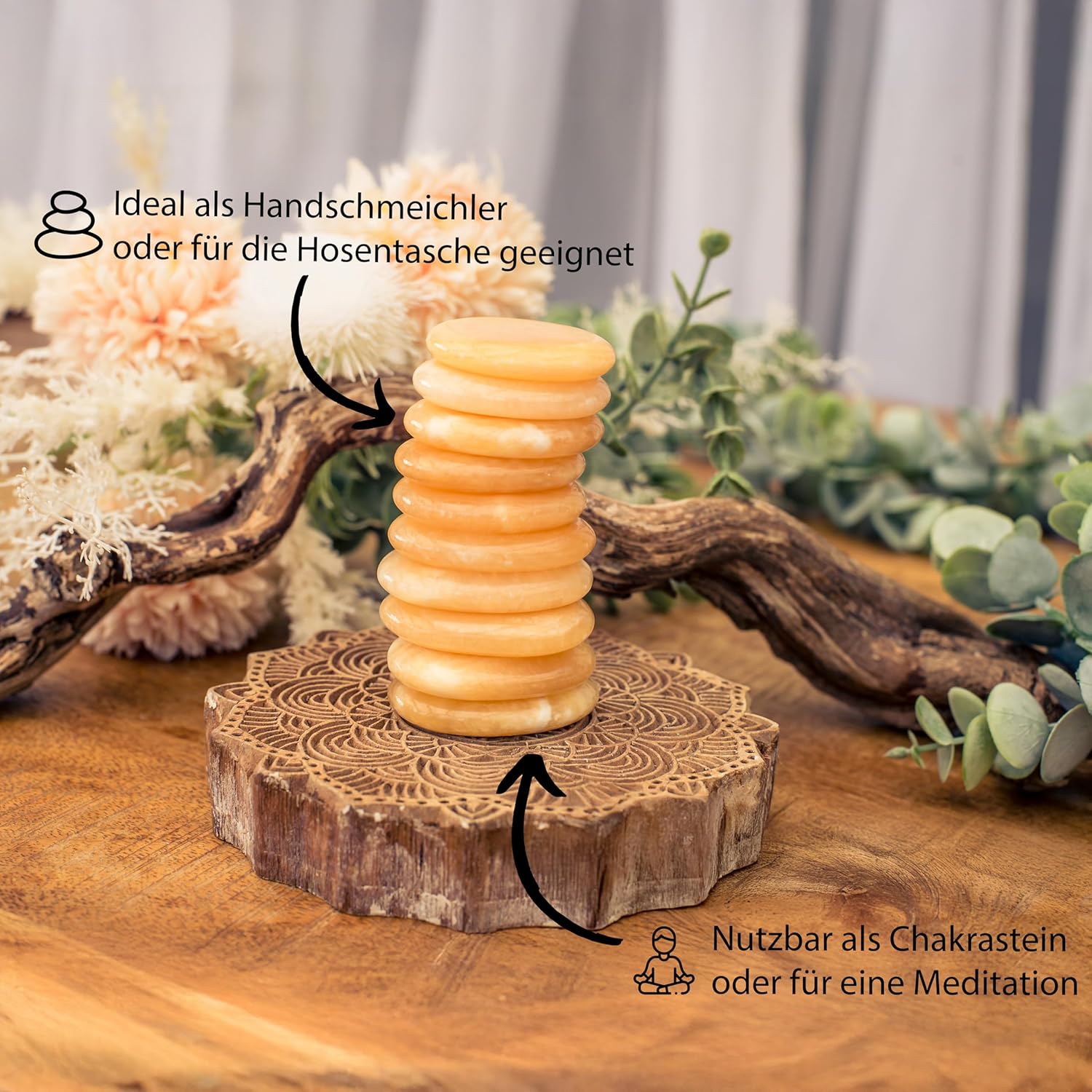 Orange Calcite Gemstone Disc Stone 3-5 cm + Gemstone Card | Worry Stone Pocket Stone Massage Stone | Lebensquelle Plus