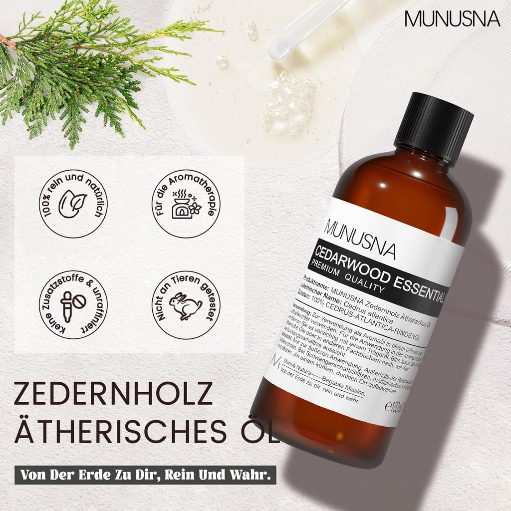 Zedernholzöl 100ML, MUNUSNA Ätherisches Öl Zedernholz Reines Natürlichs, Ätherische Öle Zeder für Glattes Haar, Duftöl Zedernöl für Diffuser, Seife, Kerzen, Cedarwood Oil