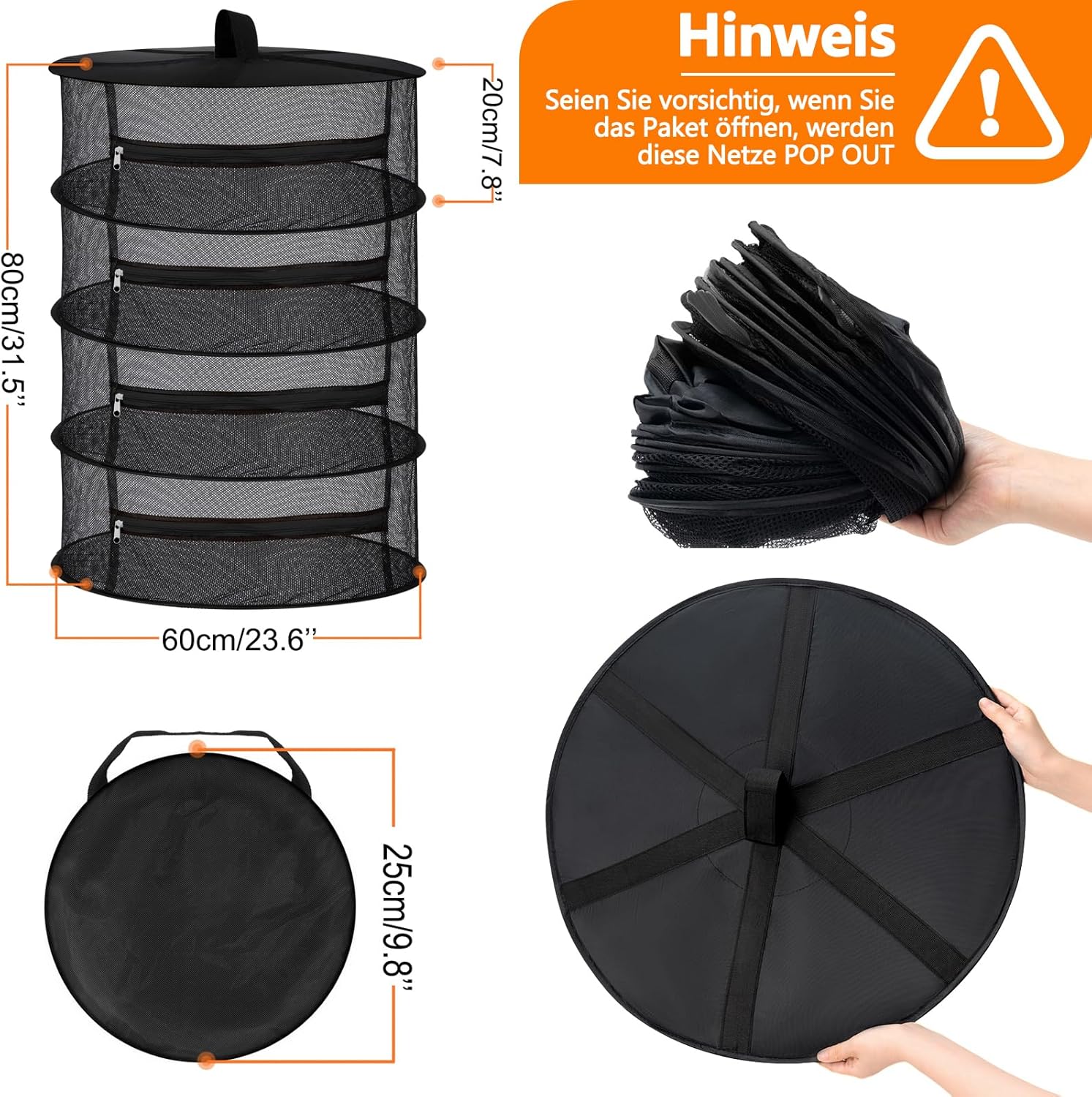 Desy & Feeci Tockennetz Kräuter 4-lagiger Hängendes Kräuter Trockengestell Trockennetz mit Reißverschlüssen, Schwarz, 60x80cm