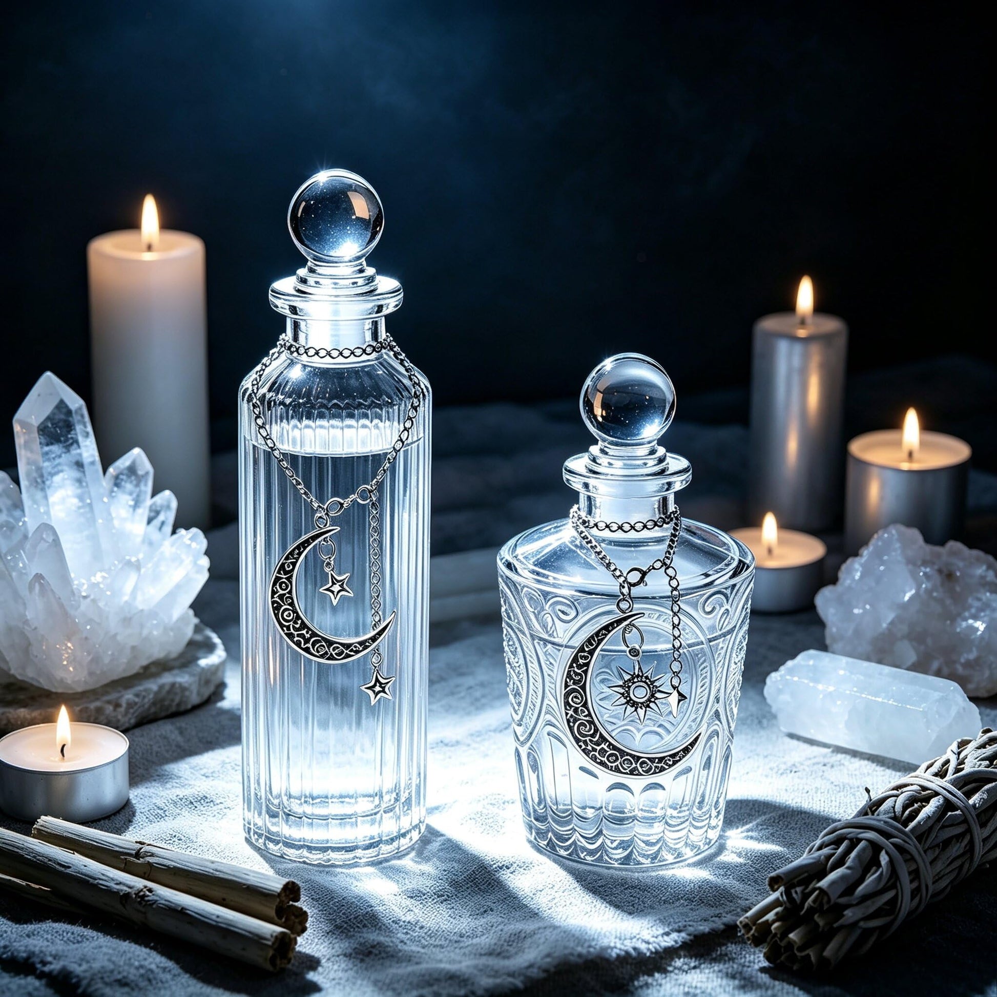 2PC Moon Water Bottle Set Glass Apothecary Jar with Lid & 2 Moon Chains for Spell & Potion Crafting Meditation Intention Setting Witchcraft Supplies (Indigo Third-Eye Intuition (2PC))