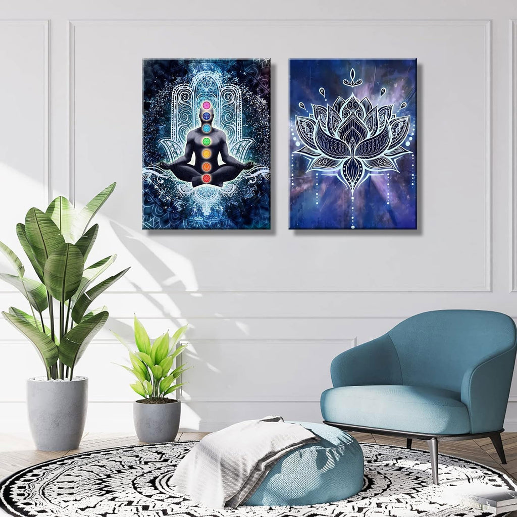 2 Pcs Framed Spiritual Canvas Wall Art Mural Chakra Meditation Poster Lotus Mandala Printed Zen Yoga Artwork Used Mindfulness Therapy Posters Bohemian Picture Home Decoration Gallery Wrapping 12X16Inch