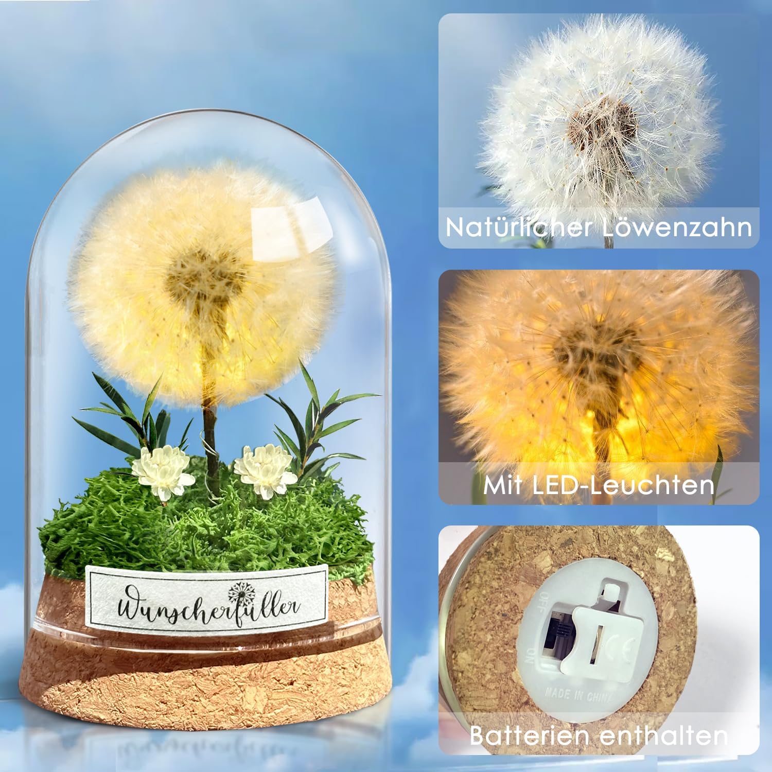 Wunscherfüller mit LED Licht, Echte Pusteblume im Glass, Ewig Geburtstagsgeschenk für Frauen Freundin Mädchen Geschenke für Geburtstag Hochzeit Jugendweihe Weihnachten Valentinstag