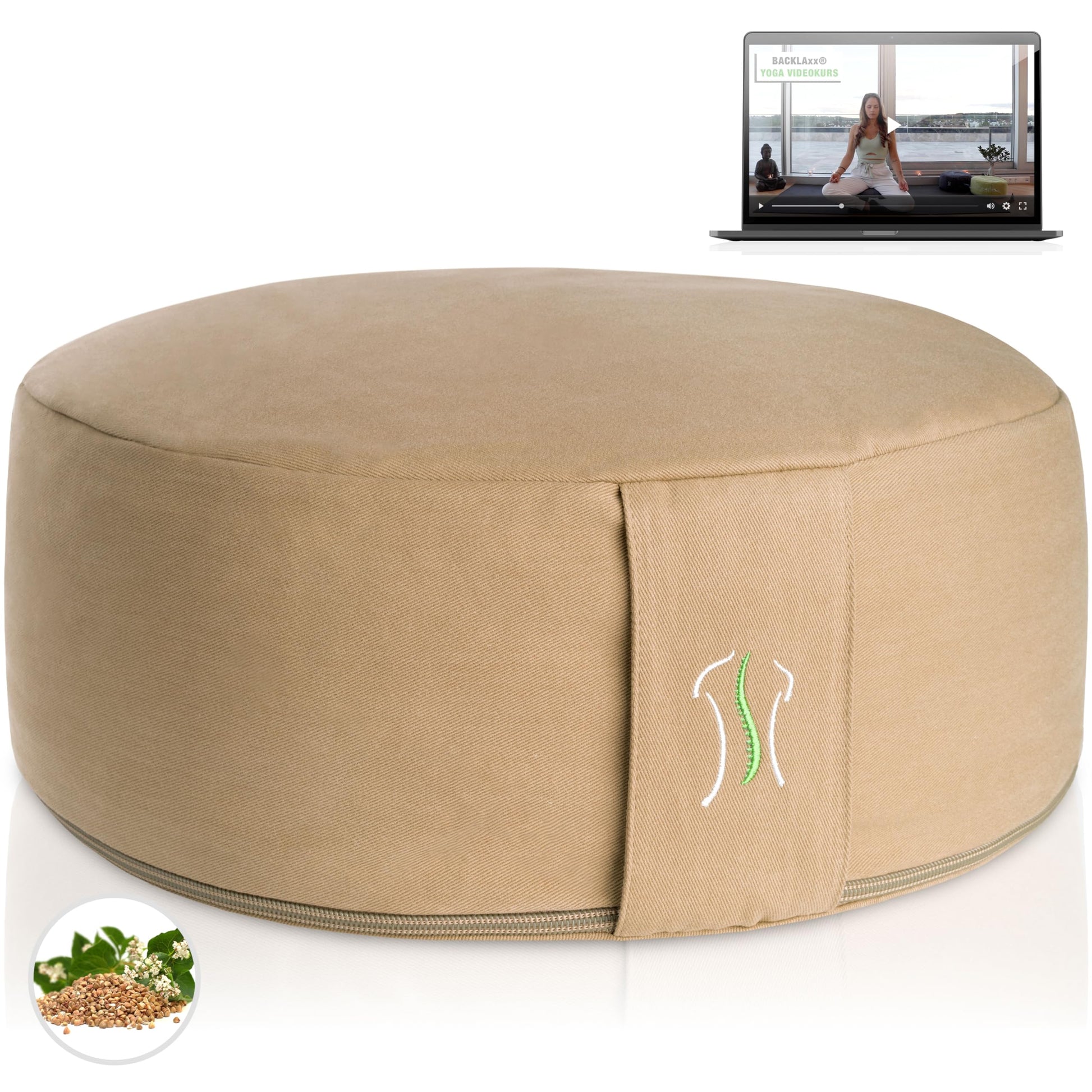 BACKLAXX ® Yoga Kissen, Meditationskissen XL Ø35cm [30% mehr Sitzfläche], 15cm hoch mit Buchweizenfüllung, perfektes Meditation Zubehör, Yogakissen rund inkl. Videokurs - Pouf Sitzkissen Boden