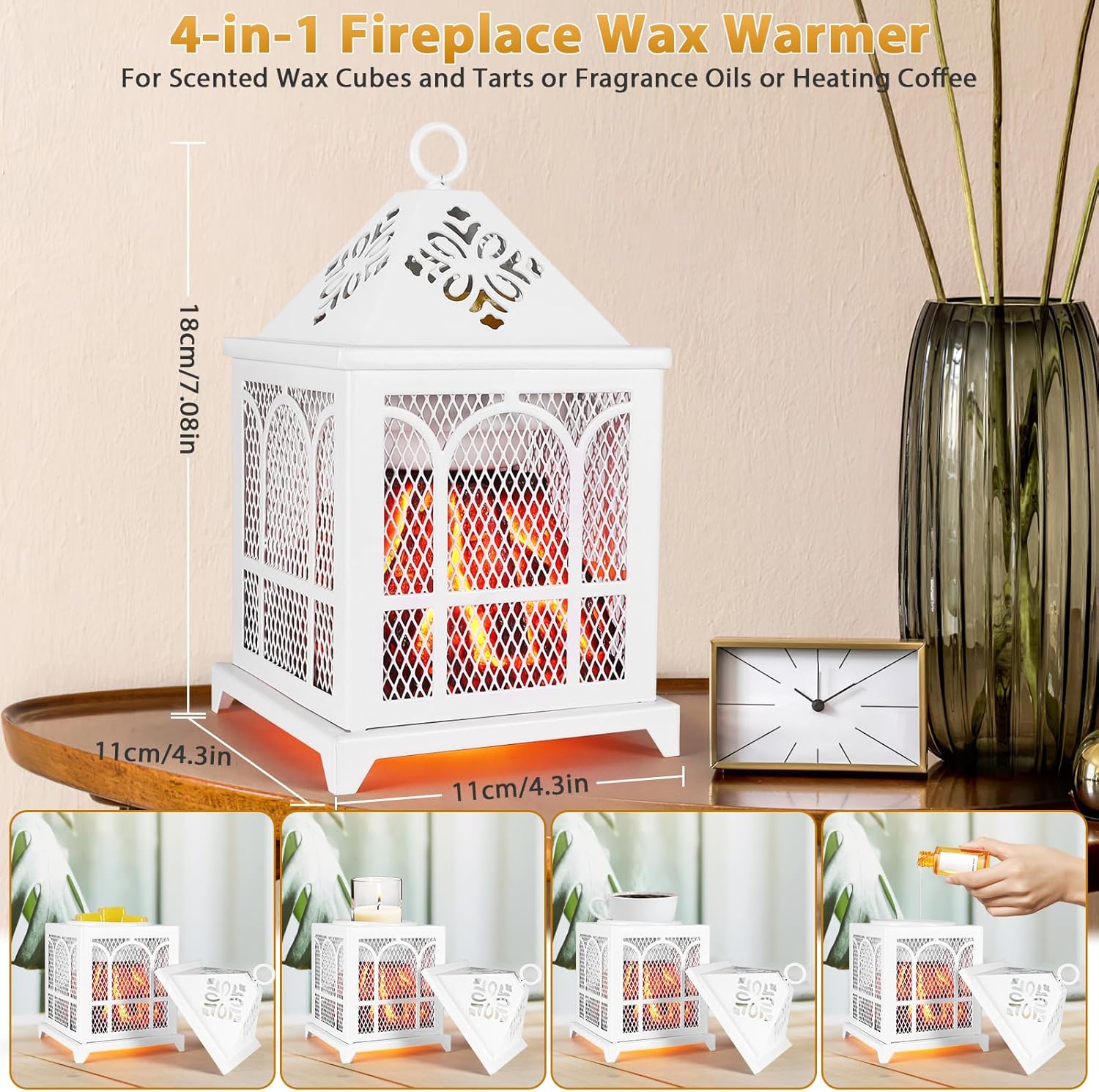 Elektrische Duftlampe,4 in 1 Kamin Duftlampe für Duftwachs,Kerze,Duftöl, Elektrischer Wachswärmer Aroma Diffuser Duftöl Lampe Duftwachs Lampe Elektrisch Aromalampe für Büro Schlafzimmer Dekoration