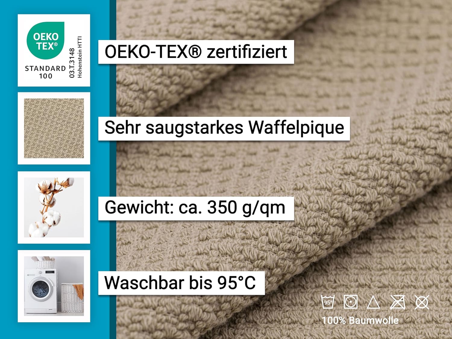 ZOLLNER Set of 10 Flannels in 30 x 30 cm – Durable Hand Towels in Beige – with Practical Hanger – Timeless Waffle Pattern – Washable up to 95 °C – Cotton – Hotel Quality