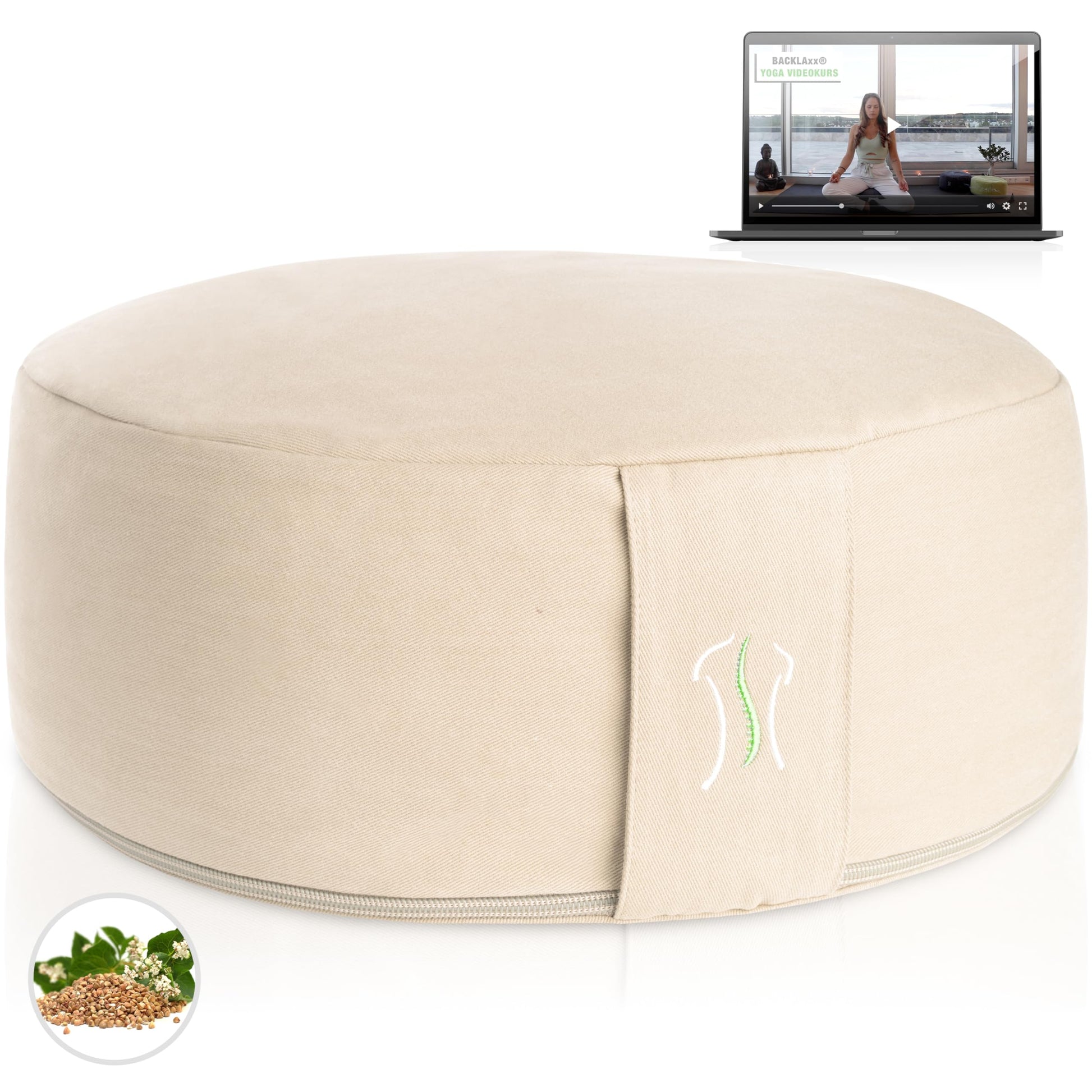 BACKLAXX ® Yoga Kissen, Meditationskissen XL Ø35cm [30% mehr Sitzfläche], 15cm hoch mit Buchweizenfüllung, perfektes Meditation Zubehör, Yogakissen rund inkl. Videokurs - Pouf Sitzkissen Boden