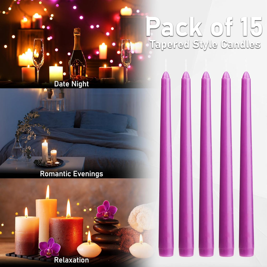 DECO EXPRESS Taper Candles Set of 6, 10, 15 or 50, Long Burning Time up to 8 Hours, Odourless (Purple, Set of 15)
