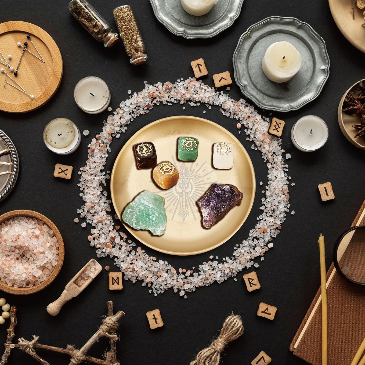 CREATCABIN Kreuz Opferschale Altar Ritualplatte Edelstahl Goldene Kristall Aufbewahrung Flache Schale Rundes Tablett Gebetsschale Kerzenhalter Schmuckschale Zum Räuchern Räuchergefäß 14x14cm