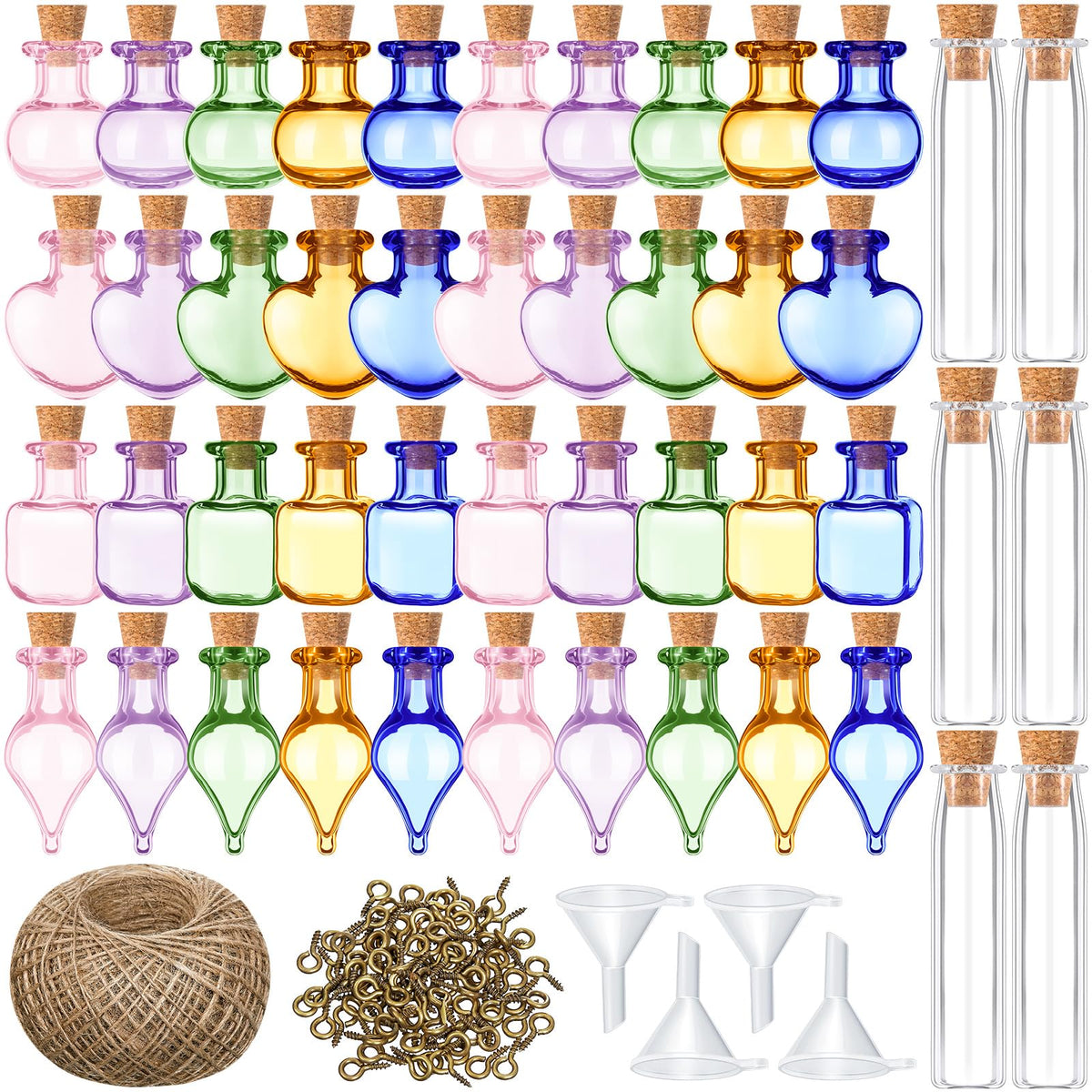 Geiserailie 50 Pcs Mini Glass Jars with Cork Stoppers,Style A,Transparent | With Eye Screws Funnel Jute Twine, 4 Shapes for Spell Jars Wishing Bottles Witchcraft DIY Crafts Party Decor Jewelry Making