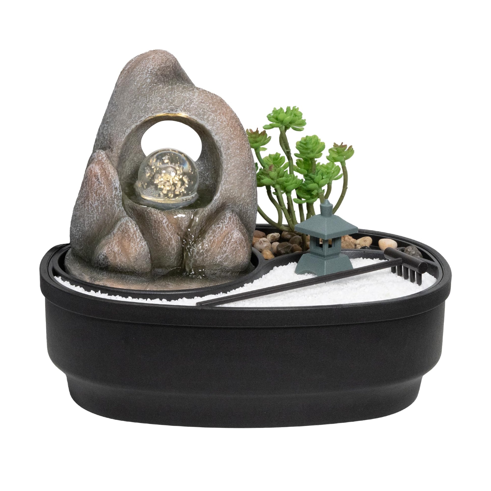 Zimmerbrunnen mit LED-Beleuchtung | Tischbrunnen mit Wasserfall und beweglicher Glaskugel | dekorativer Zierbrunnen mit Feng Shui Elementen | Springbrunnen mit Yin Yang Felsengarten für Zuhause