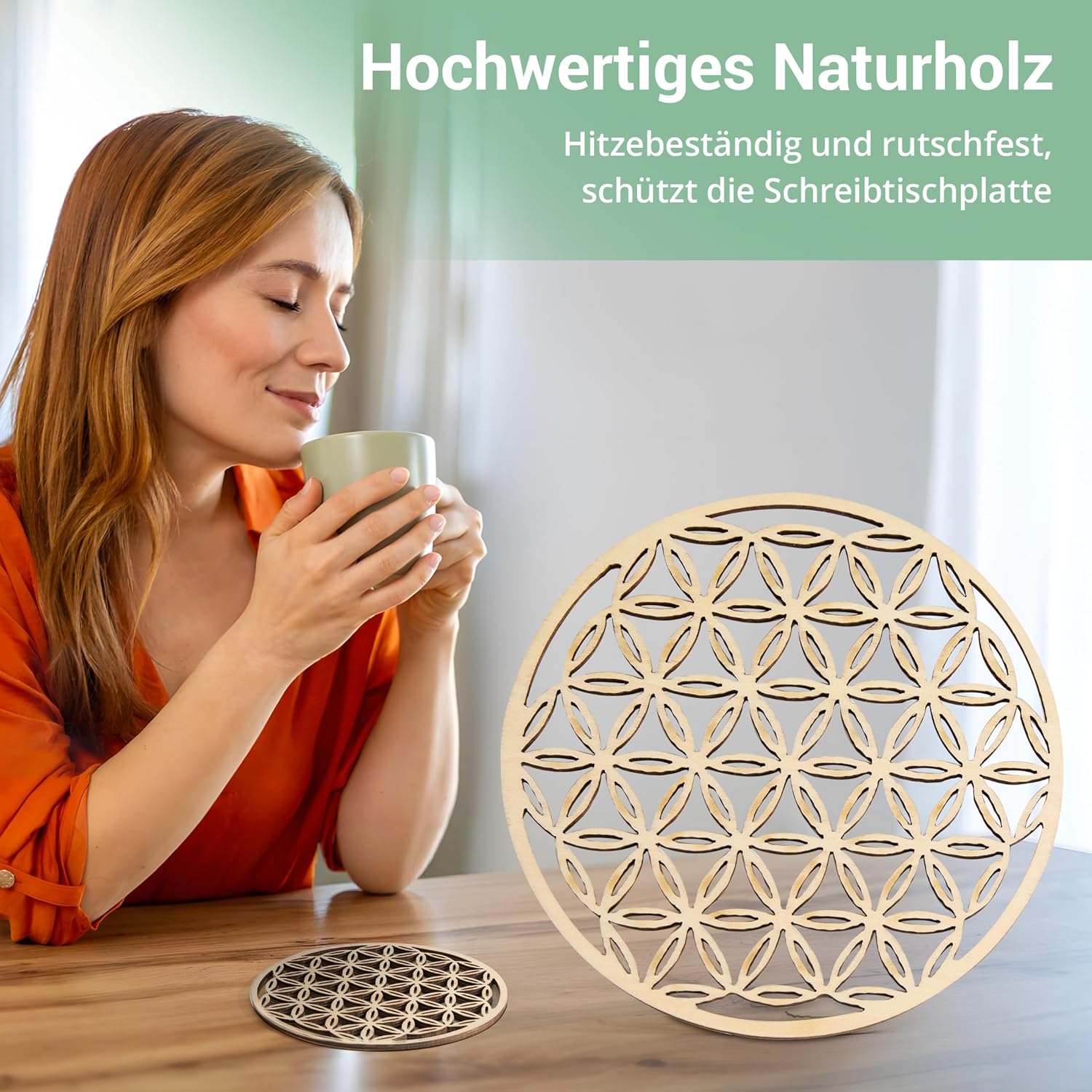 Cheerhom Set of 4 Flower of Life Wooden Coasters Round Coasters Glasses for Drinks Bar Cups Glass 10cm