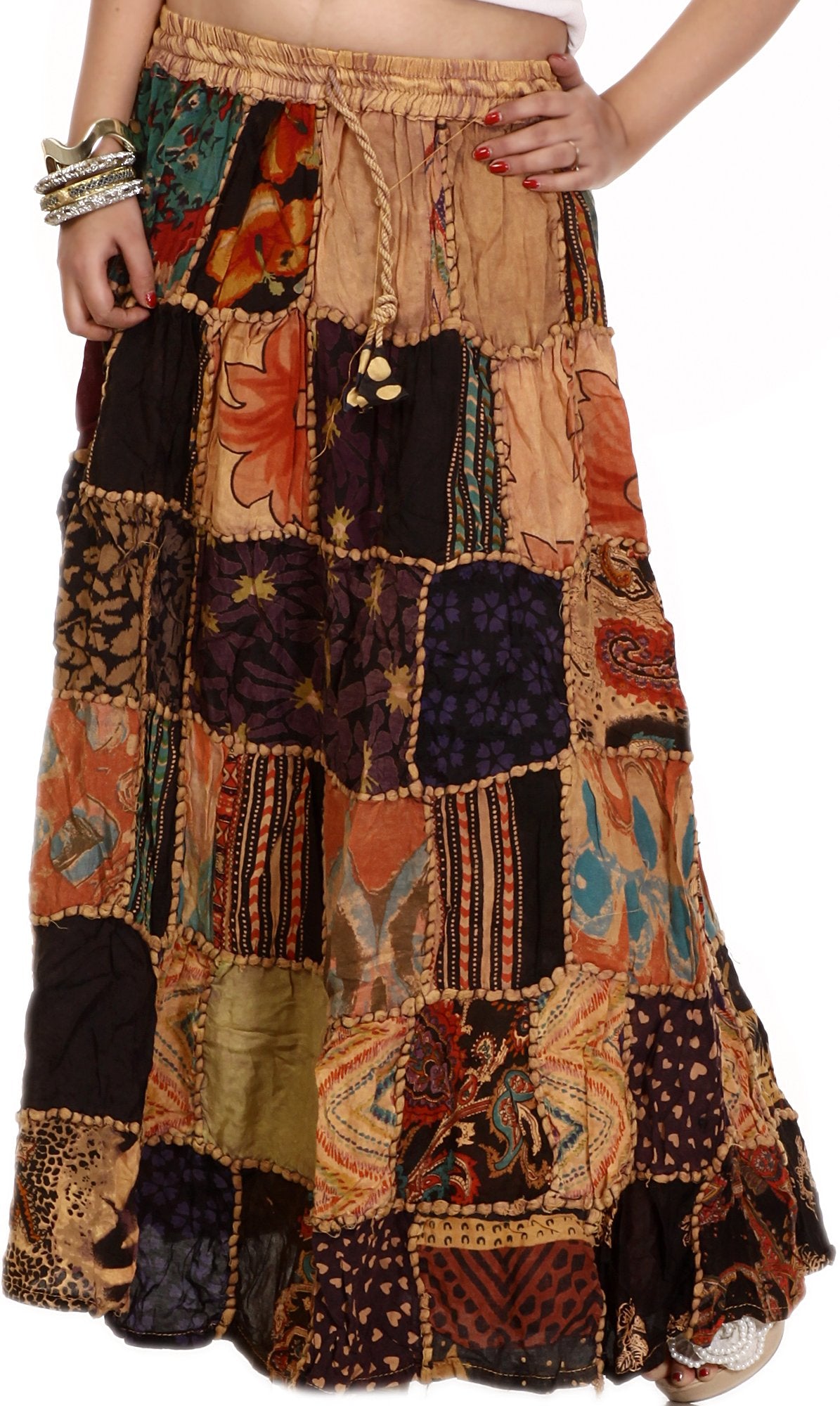 Exotic India Long Printed Dori Skirt from Gujarat with Patch Work - Rayon