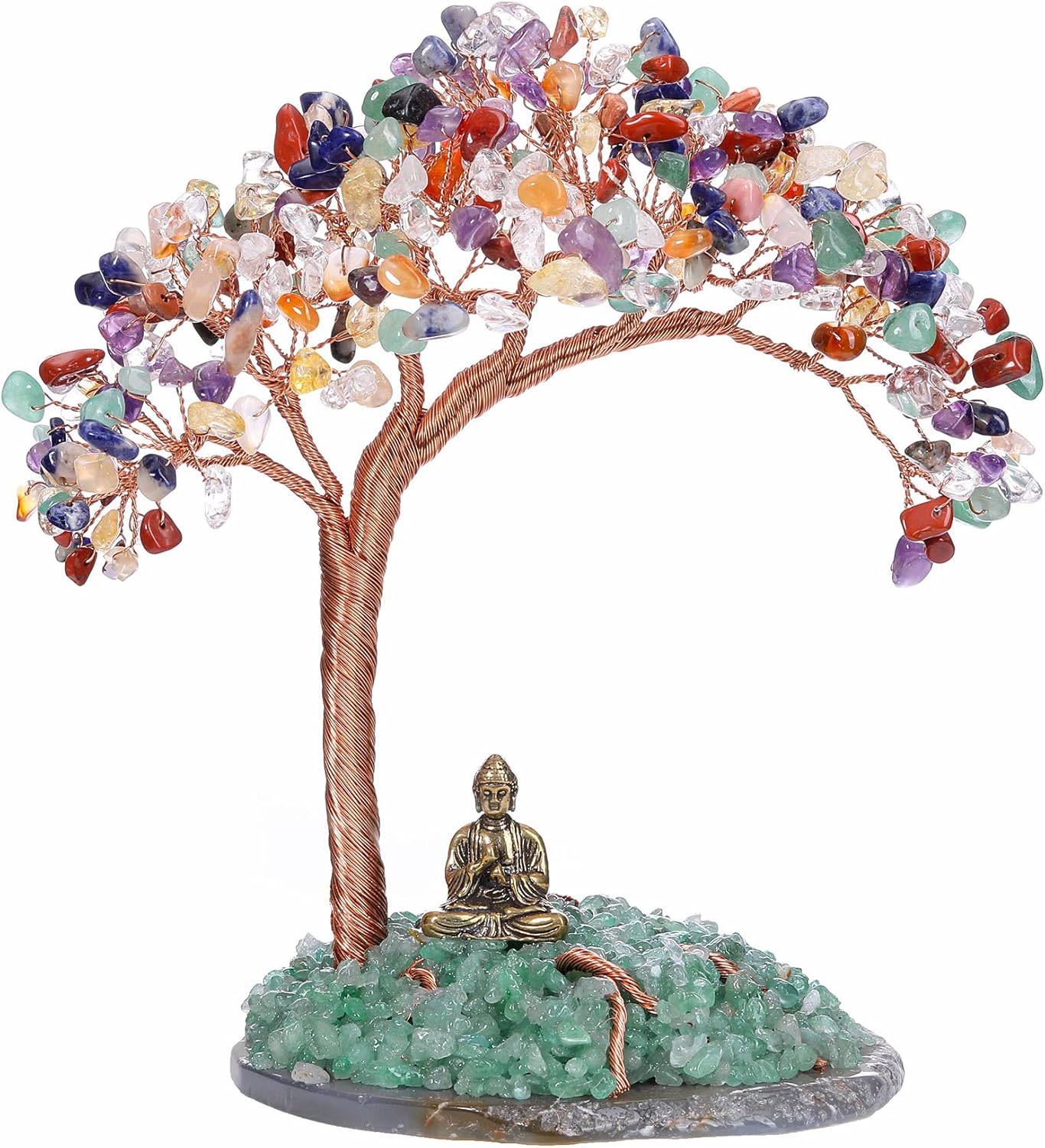 GEHECRST Feng Shui Geldbaum Buddha Figur Lebensbaum Deko mit Achat Basis Heilstein Glücksbringer Baum Trommelsteine Glückbaum Dekoration für Reichtum Glück Gesundheit (7 Chakra)