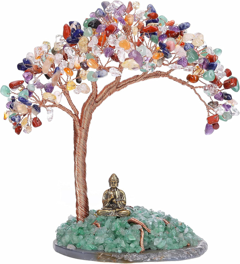 GEHECRST Feng Shui Geldbaum Buddha Figur Lebensbaum Deko mit Achat Basis Heilstein Glücksbringer Baum Trommelsteine Glückbaum Dekoration für Reichtum Glück Gesundheit (7 Chakra)