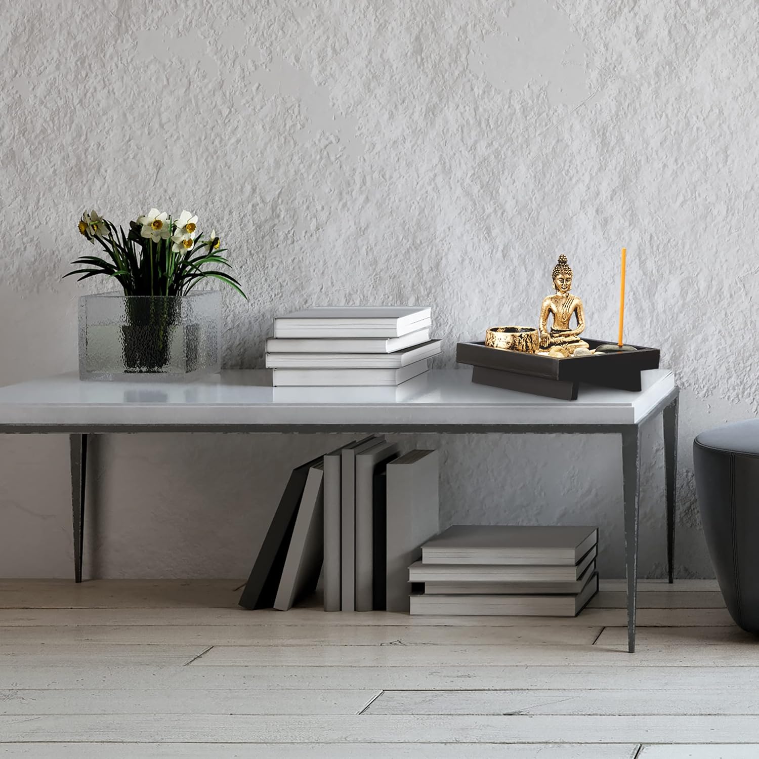 Relaxdays Zen Garten, mit Buddha, Steinen, Sand, Räucherstäbchen & Teelichthalter, Entspannung, Feng Shui Deko, schwarz