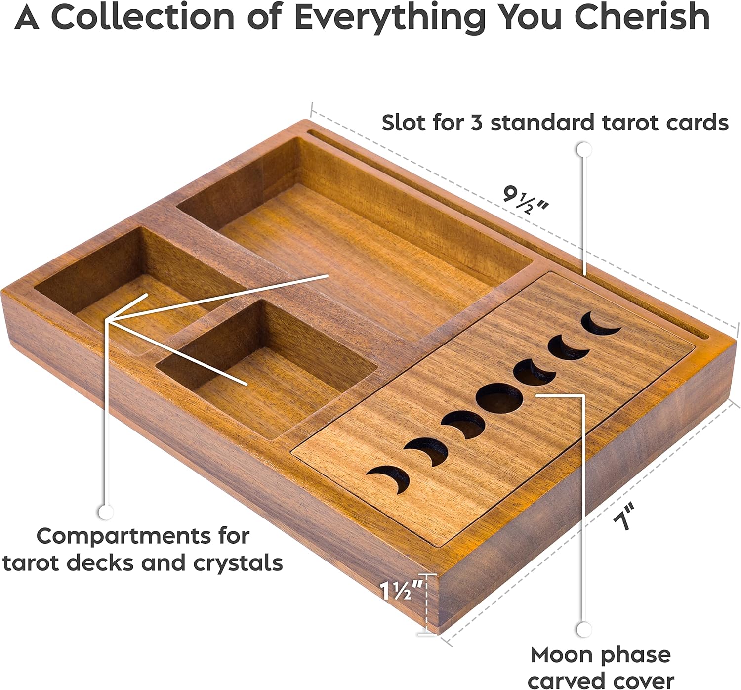 Curawood Tarot Card Holder Box for Immersive Readings - 3 Tarot Card Stand & Crystal Holder - Moon Phase Design Tarot Display Deck Holder & Crystal Tray - Witchcraft Decor - Wiccan Altar Supplies