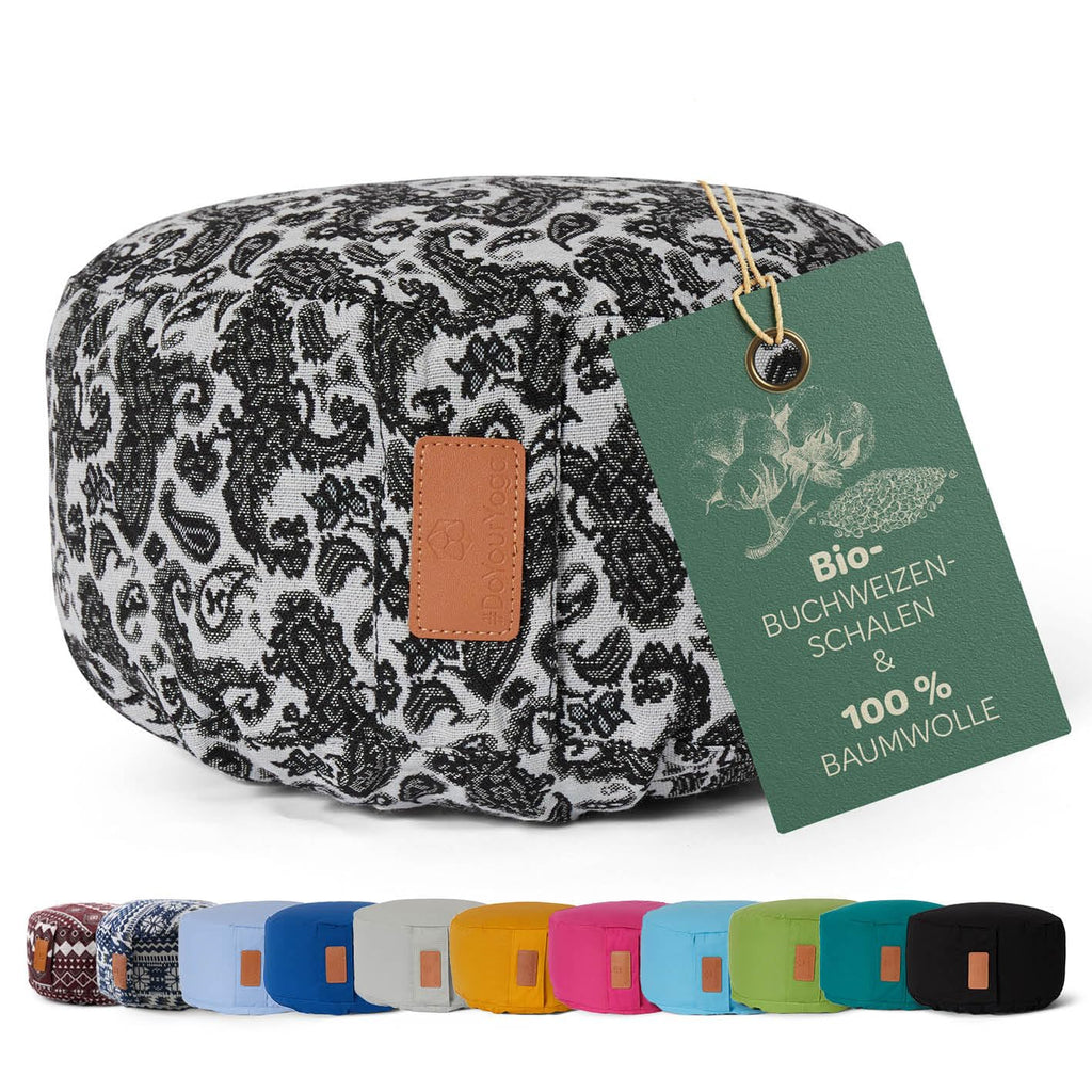 rundes Yogabolster 30cm x 15cm | Waschbarer Bezug |gefüllt mit Bio-Dinkelspelz (KBA) oder Bio-Buchweizenschalen (KBA) | Yoga Kissen für Yin Yoga & Meditation