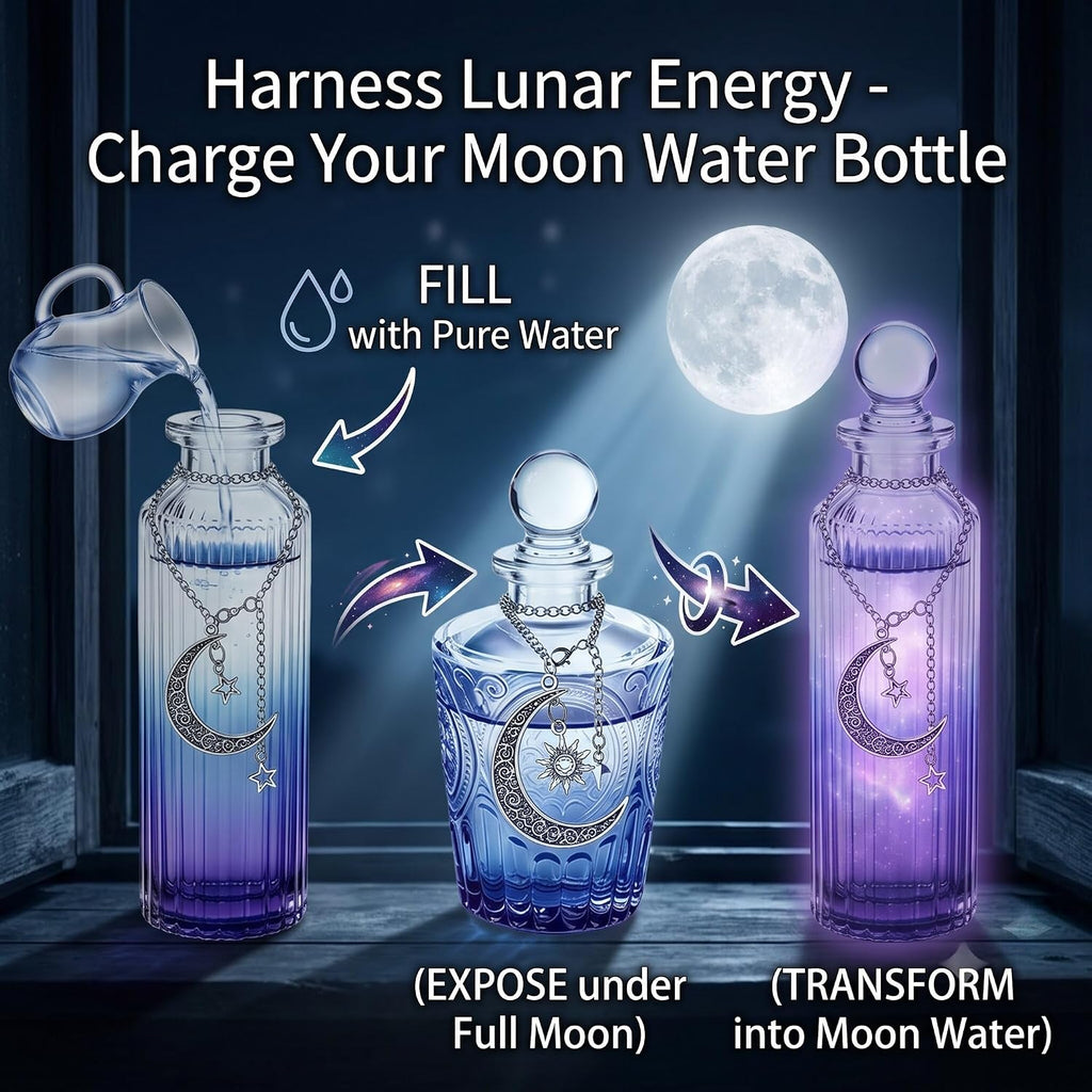 2PC Moon Water Bottle Set Glass Apothecary Jar with Lid & 2 Moon Chains for Spell & Potion Crafting Meditation Intention Setting Witchcraft Supplies (Indigo Third-Eye Intuition (2PC))