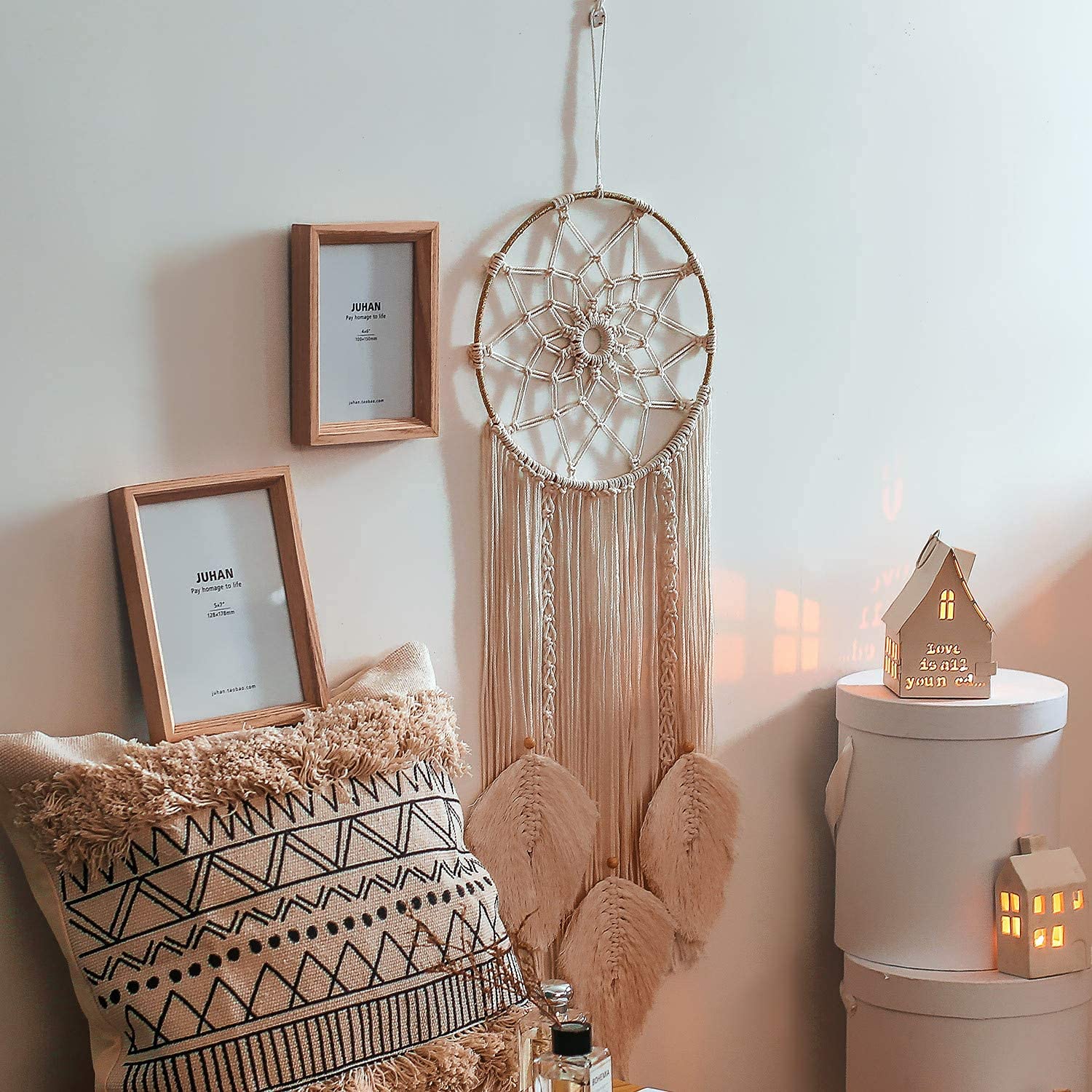 LOMOHOO Makramee Traumfänger Wandbehang Gewebte Feder Wandbehang Handgemachter Traumfänger Boho Quasten Dekoration Wohnkultur Ornament Bastelgeschenk für Schlafzimmer Wohnzimmer（kein Licht）