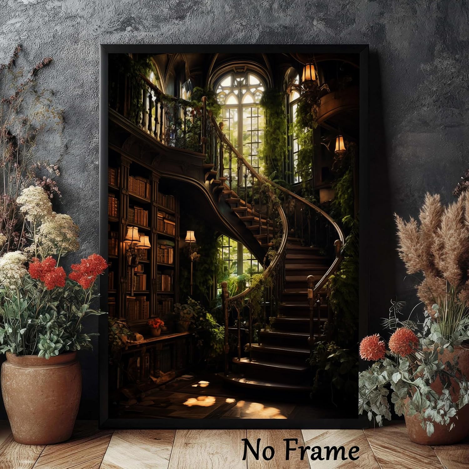 Dark Academia Library Wall Art Canvas Dark Cottagecore Painting Abandoned Wall Art Library Gothic Moody Botanical Picture Medieval Castle Poster Victorian Print Gothic Vintage Artwork 16x24in No Frame