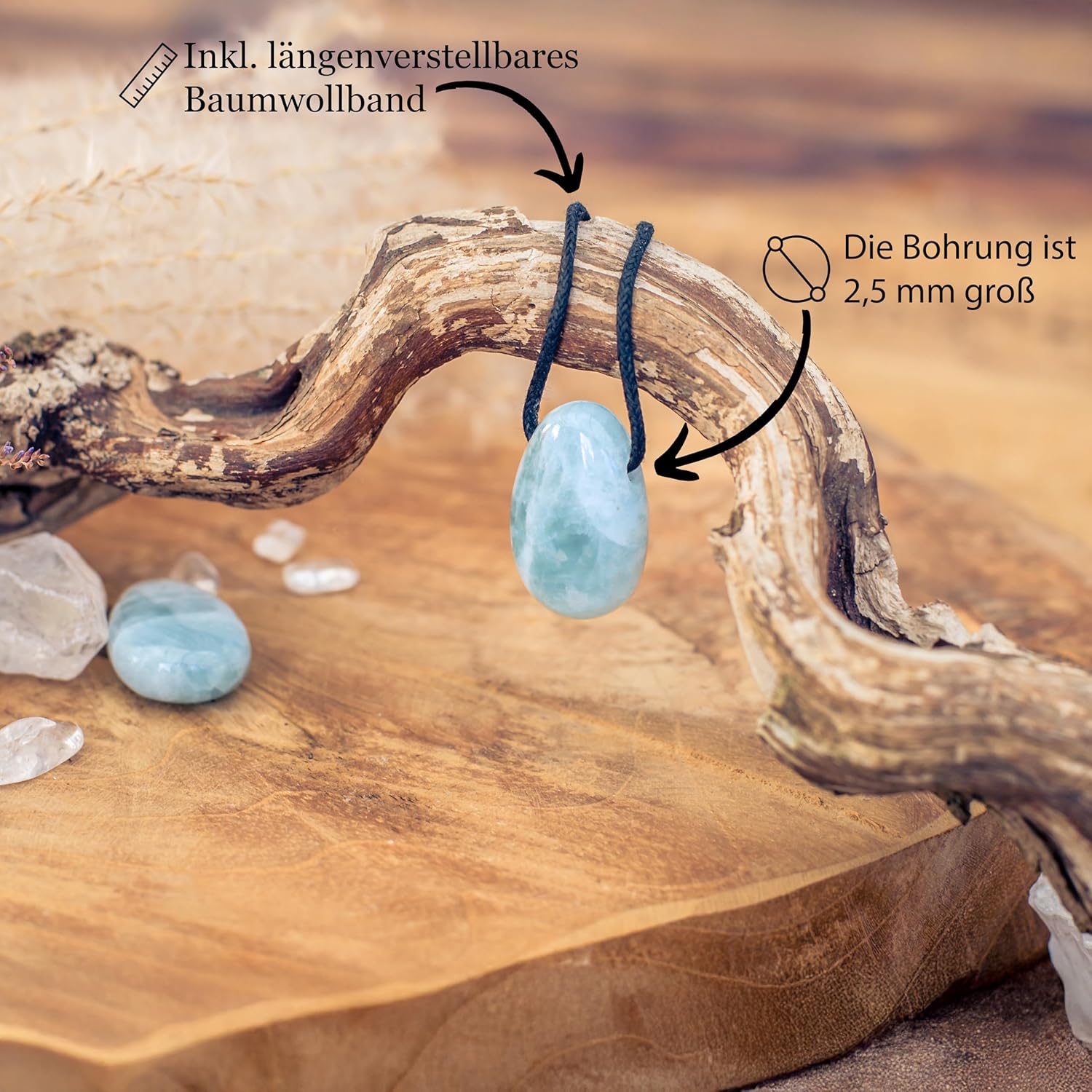 Lebensquelle Plus Aquamarine Teardrop Pendant | Drilled Tumbled Stone Pendant with Cotton Cord | High-Quality Gemstone Pendant
