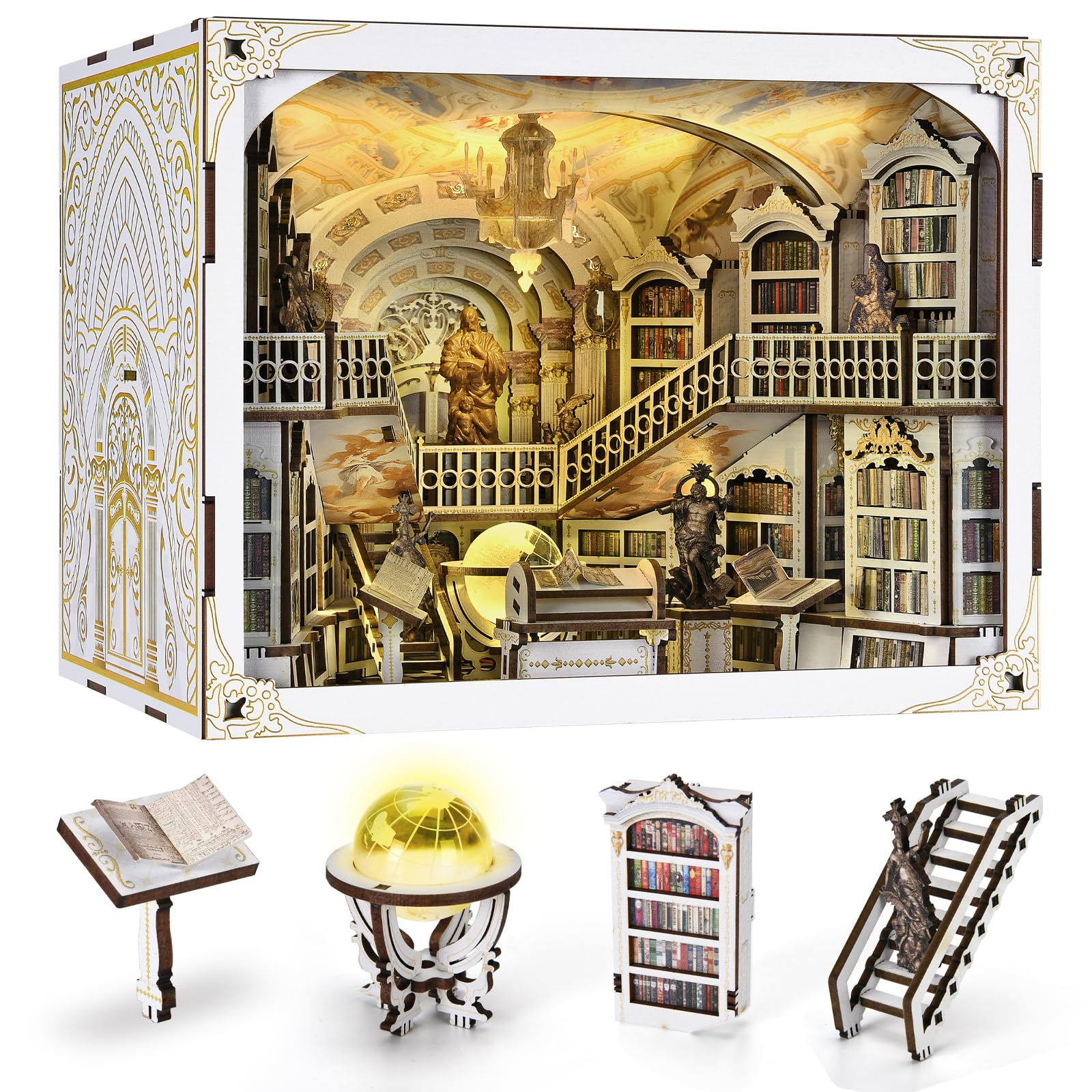 Book Nook Kit, DIY Miniatur Puppenhaus Booknook Kit, 3D Wooden Puzzle Bookend Bookshelf Insert Decor mit LED-Licht und Staubschutzhülle für Jugendliche und Erwachsene (Beyond Library)