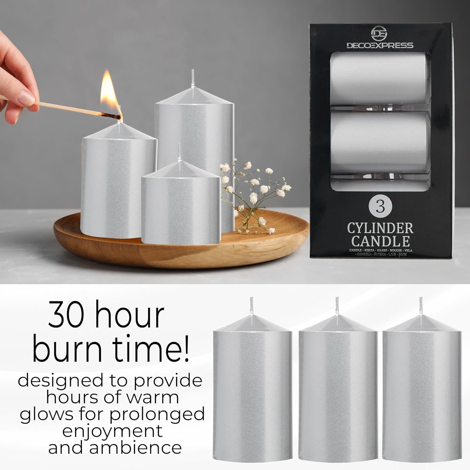 DECO EXPRESS Metallic Pillar Candle Set, 3 Pack, Candles Long Burn Time, 30 Hours, Odourless (Silver - Pack of 3)