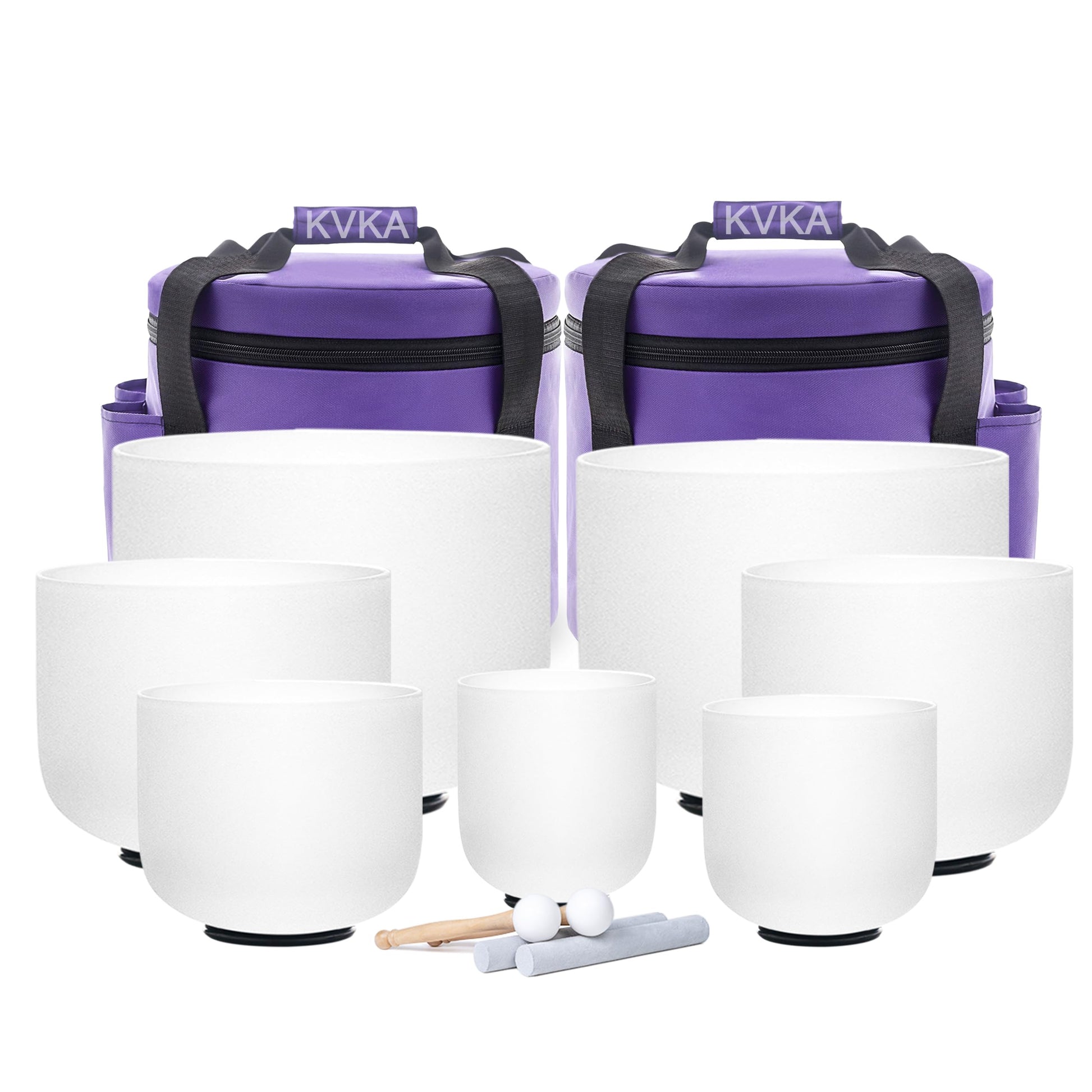 KVKA Kristall-Klangschalen Set, 6-12 inch 432Hz Weiß Frosted Quarz Chakra Sound Healing Klangschalen für Meditation Yoga Entspannung Stressabbau mit Tragetasche