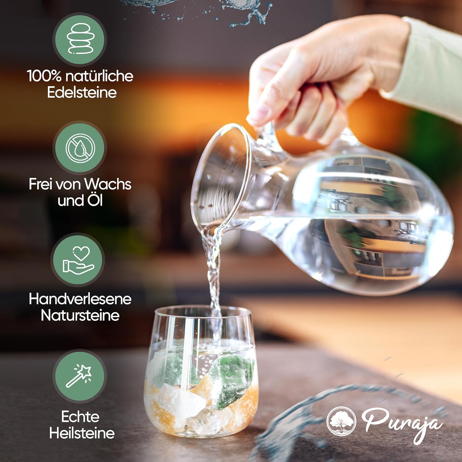 PURAJA Water Stone Mixture Power & Courage Premium Healing Stones Set Made of Real Gemstones: Rock Crystal, Orange Calcite, Aventurine | 100% Natural Crystals
