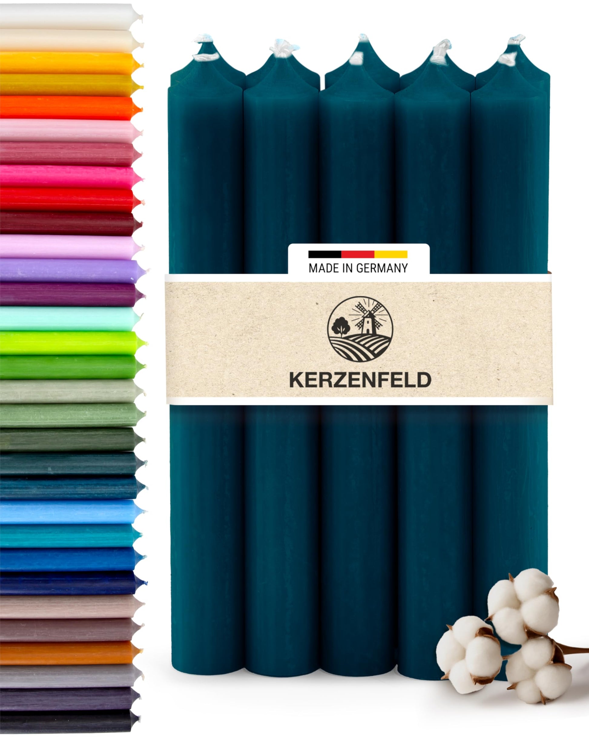 Bunte Stabkerzen Durchgefärbte, 10 Stück, 180mm x 22mm, Spitzkerzen, 8+ Stunden Brenndauer, Made in Germany - Ohne Tropfen & Rußen - Unparfümierte und RAL-Zertifizierte Tafelkerzen (Jade Grün)