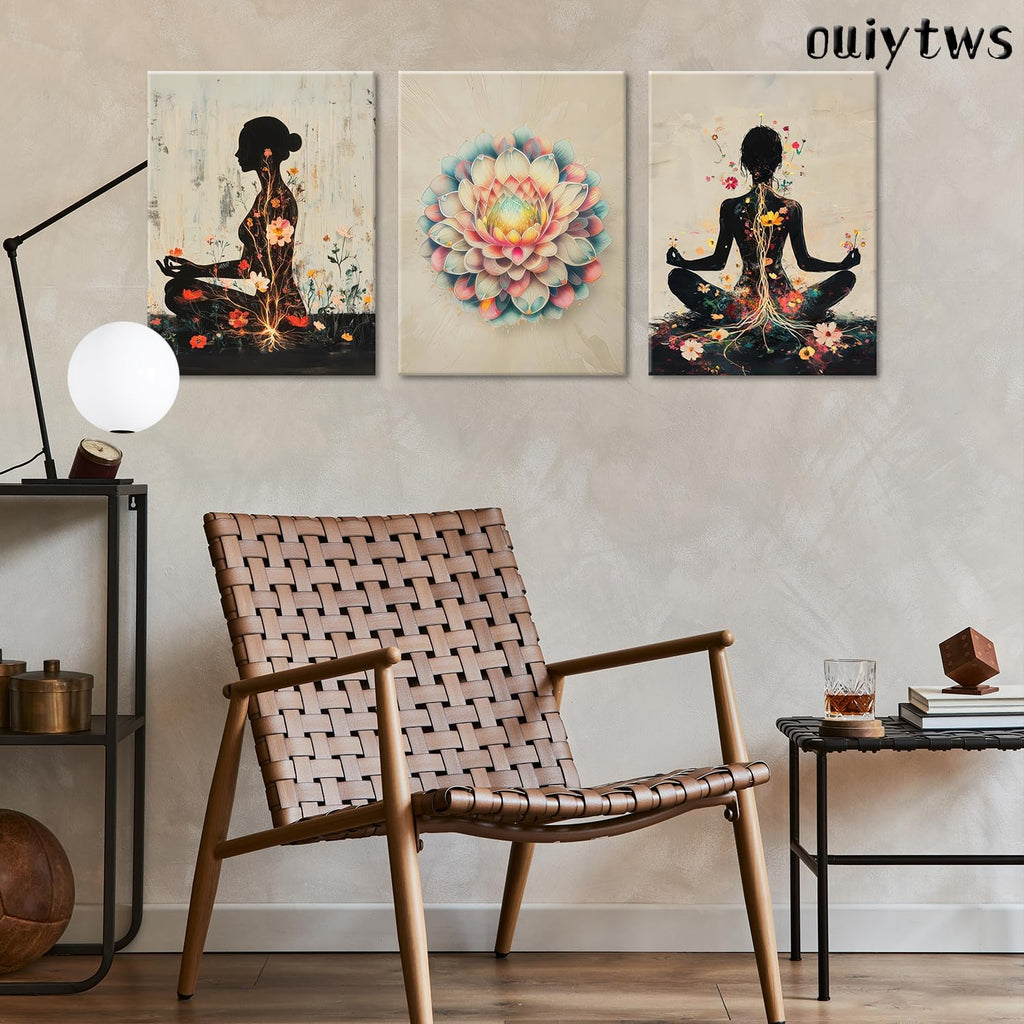 Yoga and Flower themed Meditation Wall Art Set of 3, Spiritual Meditation Women's Match with Flower and Lotus Patterns Canvas Poster Prints Painting,for Yoga Meditation Room,Bedroom,Framed 12X16in
