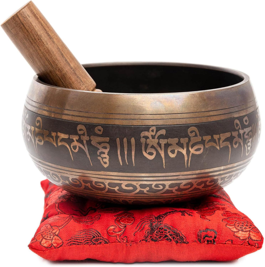 Premium Tibetan Singing Bowl Set – Handmade in Nepal Sound & Meditation Bowl – Spiritual Decor for Yoga, Wellness Spaces & Relaxation by Himalayan Bazaar (Brown & Red)