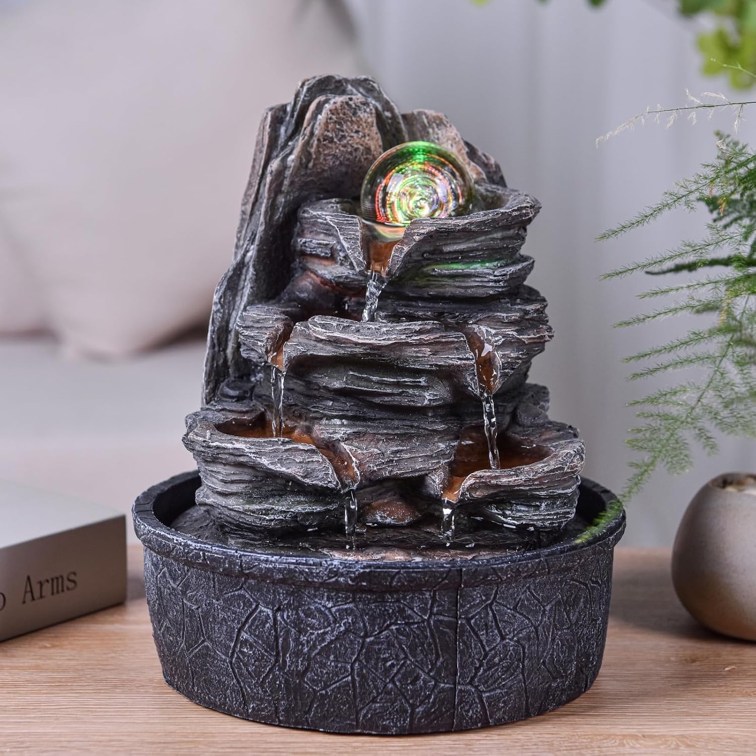 Luberon Zen'Light Indoor Fountain Waterfall Natural Stairs Stone Effect Colourful Light Gift Idea Interior Decoration in Motion Zen Table Fountain Relaxing Lucky Charm Object H 25 cm