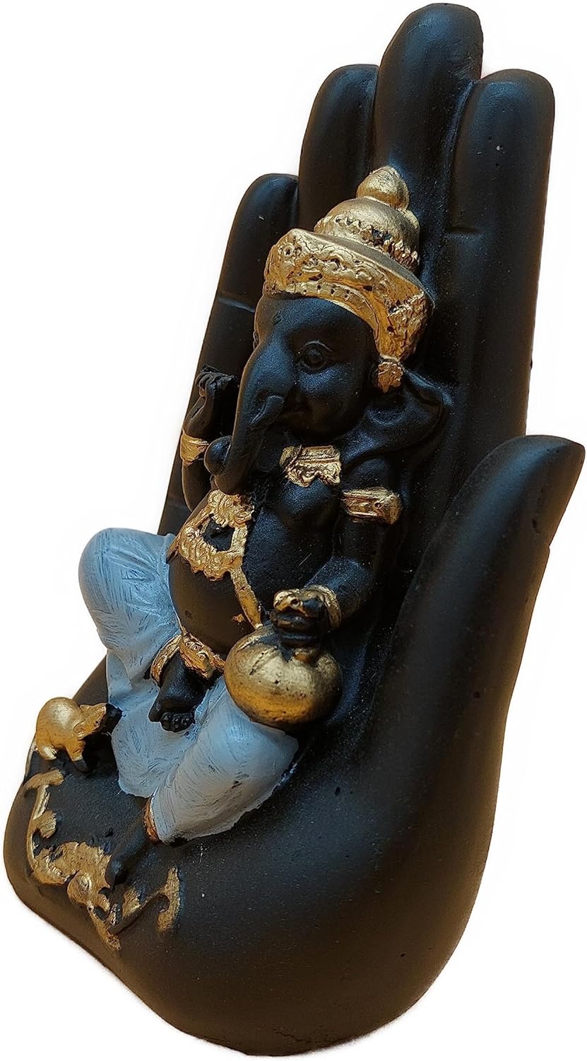 Hand Palm Glücksgott Ganesha Statue Marmor Harz schwarz Gold 17x9,5x6,5 cm | Dekoration Spiritualität Glück Harmonie