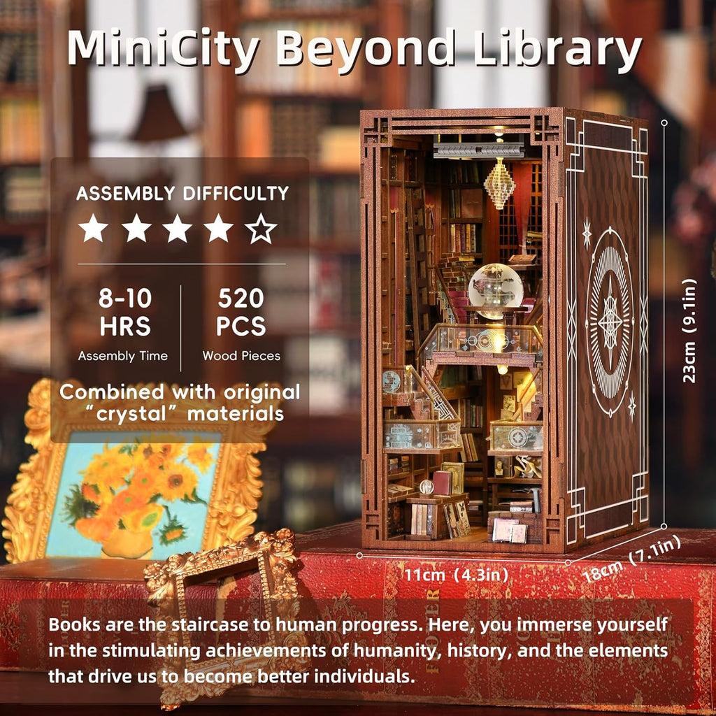 Book Nook Kit, DIY Miniatur Puppenhaus Booknook Kit, 3D Wooden Puzzle Bookend Bookshelf Insert Decor mit LED-Licht und Staubschutzhülle für Jugendliche und Erwachsene (Beyond Library)