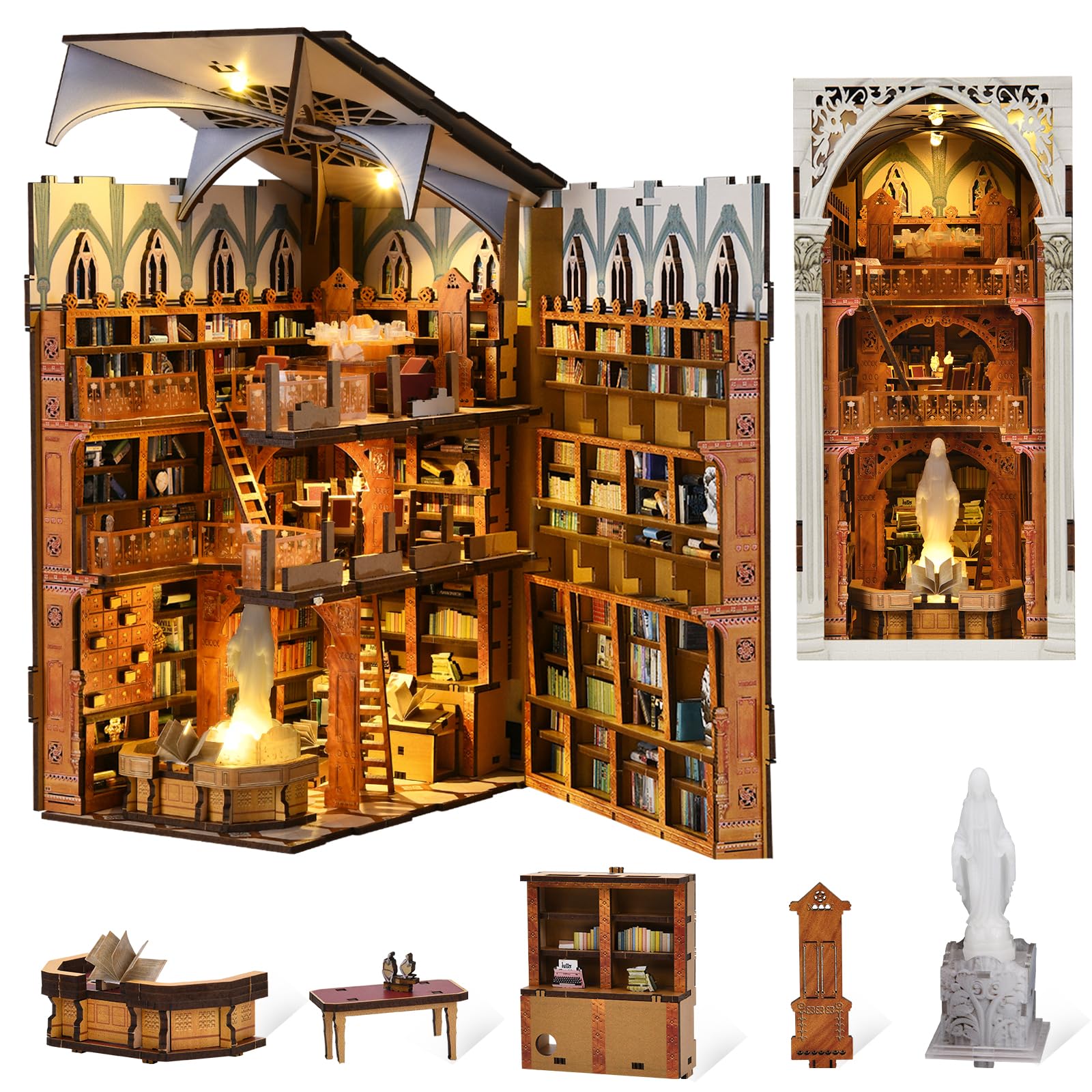 Book Nook Kit, DIY Miniatur Puppenhaus Booknook Kit, 3D Wooden Puzzle Bookend Bookshelf Insert Decor mit LED-Licht und Staubschutzhülle für Jugendliche und Erwachsene (Beyond Library)