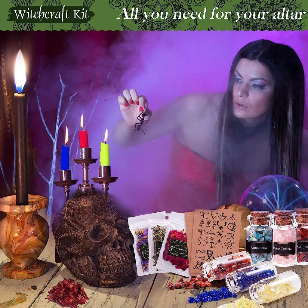 VIPNAJI Starter Witch Kit 64 Pieces Witchcraft Kit, Candles Small, Dried Flowers, Crystals, Measuring Spoons, Parchment Paper, Tumbled Gemstone Crystal Chips for Chimes, Magic, Witchcraft, Wish You