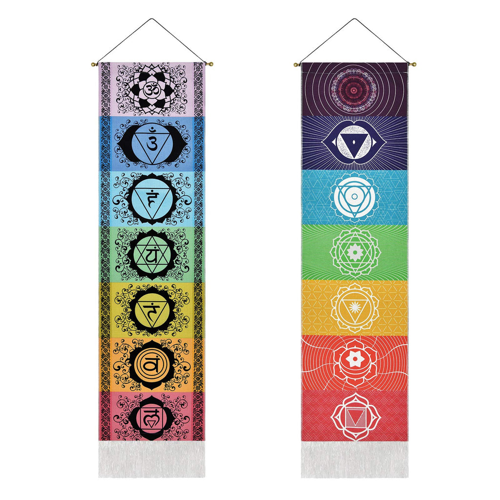 Yugarlibi Chakra Wandbehang, Meditation Yoga Wandteppich Bunt, Psychedelic Trippy Wandteppich mit Quaste, Mandala Tapisserie Wall Hangings für Schlafzimmer Wohnzimmer, Schwarz Chakra 130x32.5cm