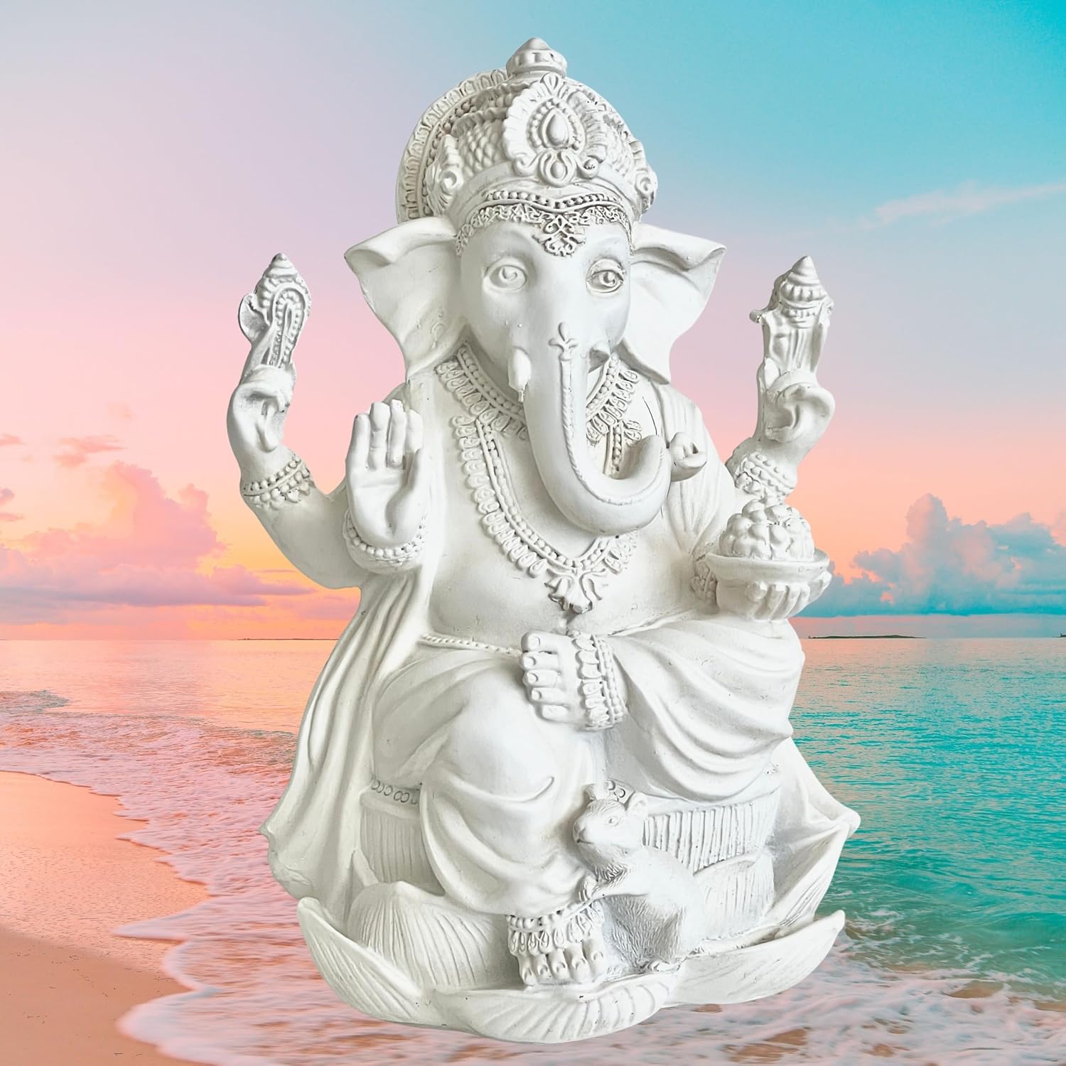 Bellaa Ganesha Statue 7 Inch, Hindu God, Ganpati, Vinayaka, Murti Marble Powder Sculpture, Meditation Room, Spiritual Blessing Good Luck Gift 20957