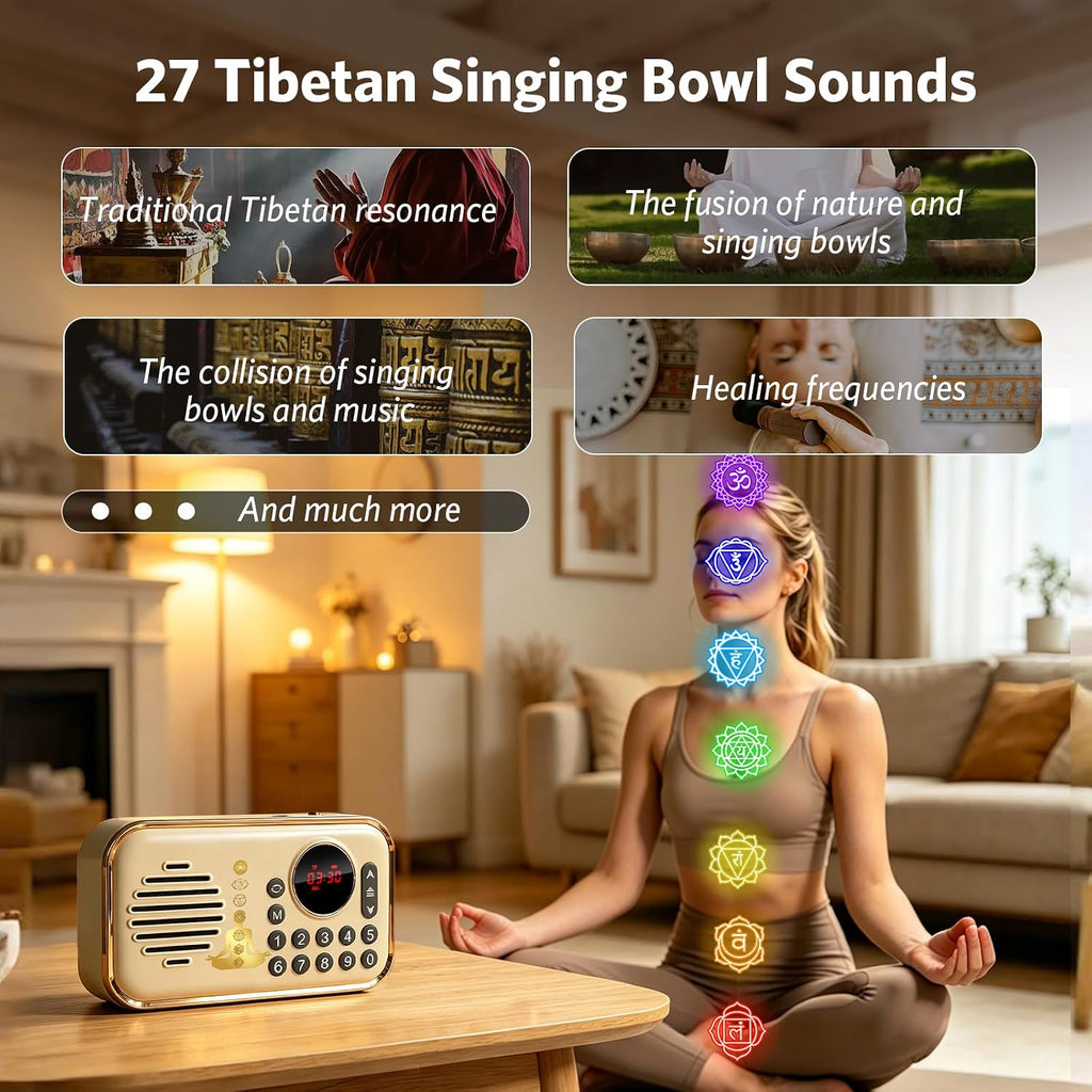 Portable Electronic Tibetan Meditation Singing Bowl Player Features 27 Chakra Meditation Sound Effects,Suitable for Yoga,Chakra Healing and Stress Relief,Best Gift Choice(White)