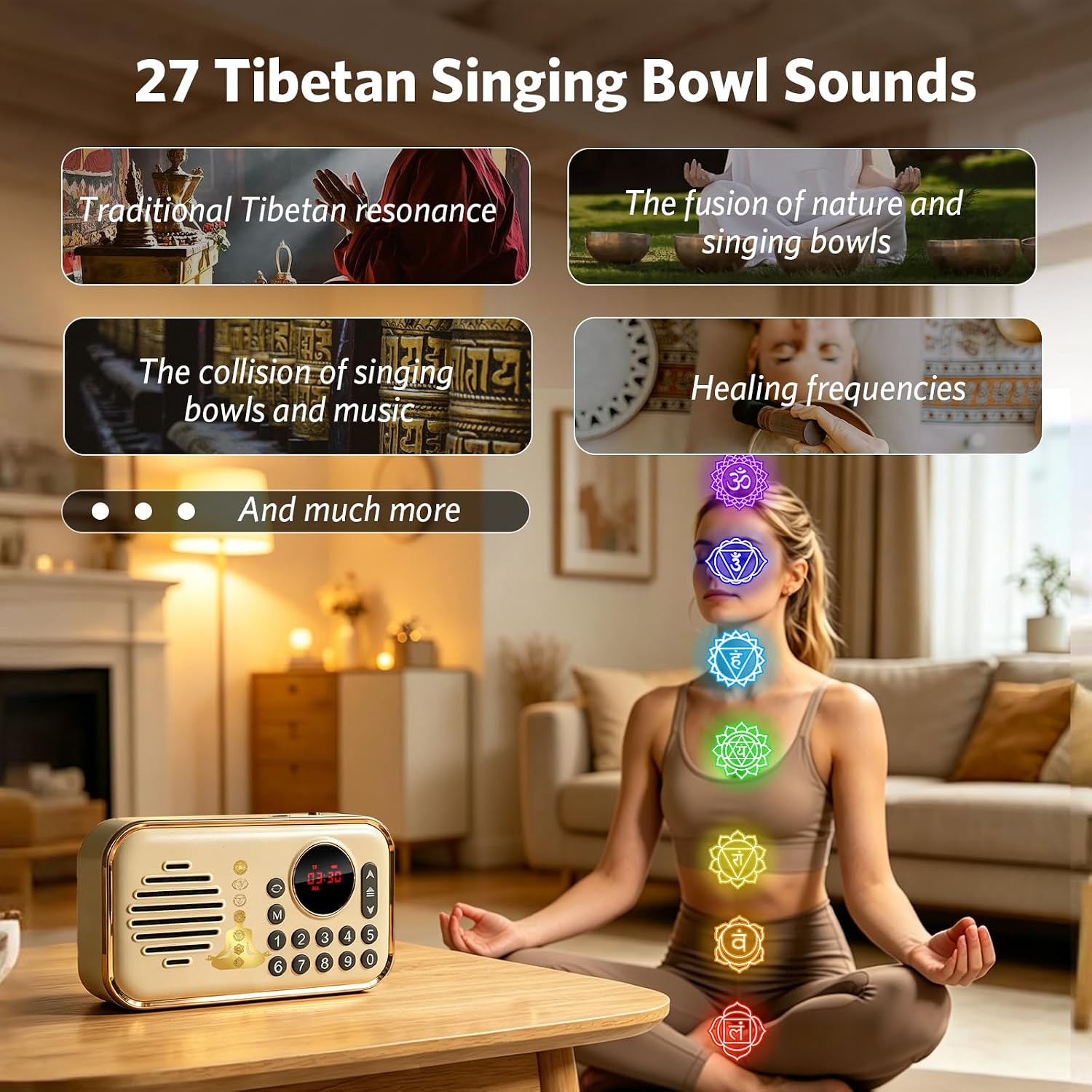 Portable Electronic Tibetan Meditation Singing Bowl Player Features 27 Chakra Meditation Sound Effects,Suitable for Yoga,Chakra Healing and Stress Relief,Best Gift Choice(White)